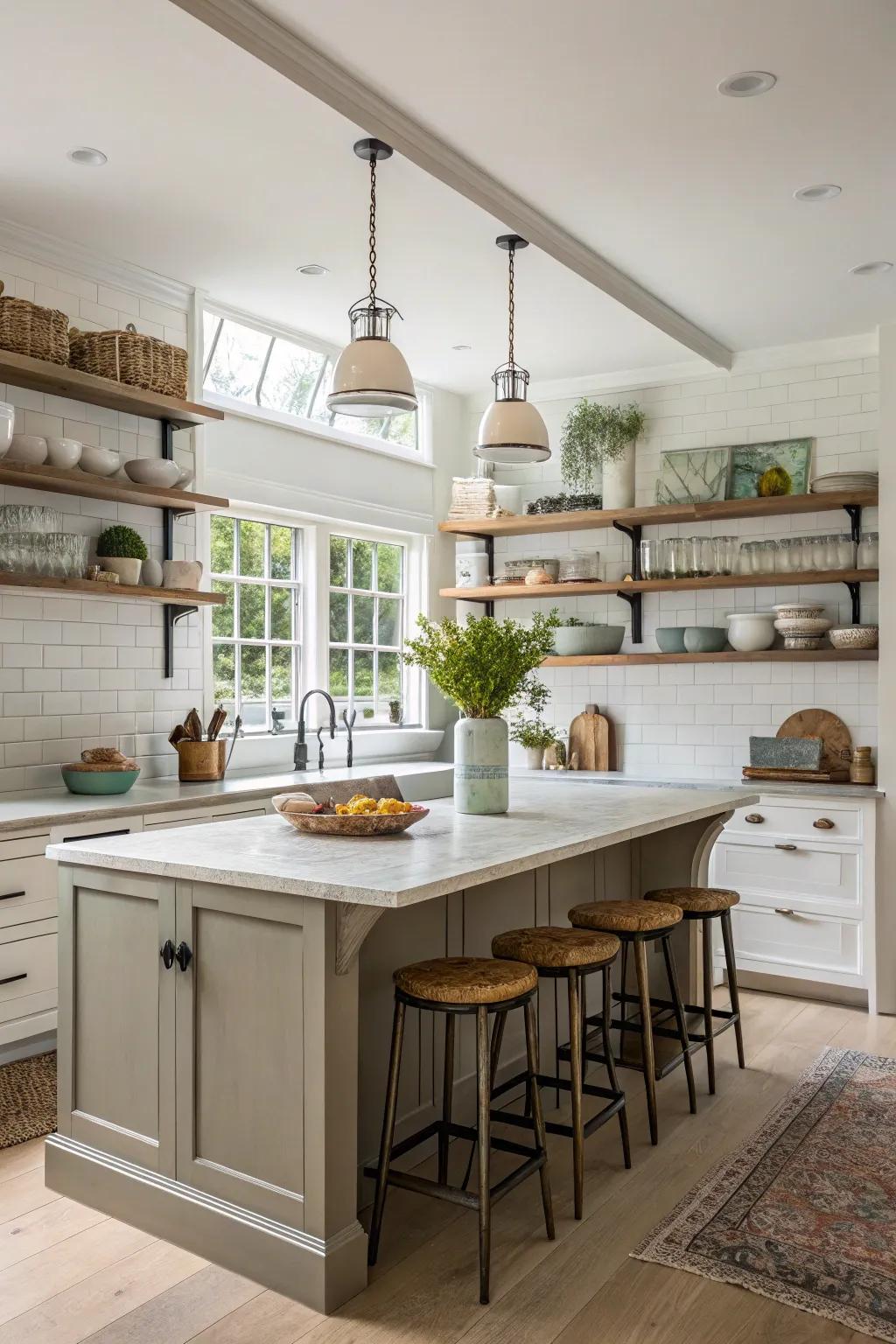 Open shelving adds personality and functionality to the kitchen.