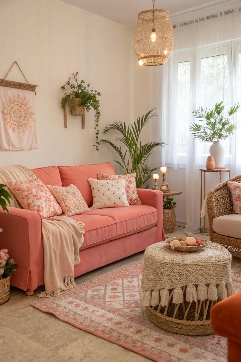 Mellow peach and coral tones contribute coziness and peace to this living space.