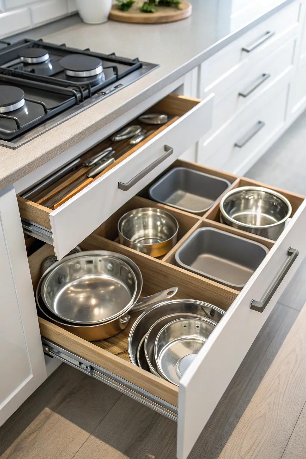 Drawer inserts keeping pans neatly organized and protected.