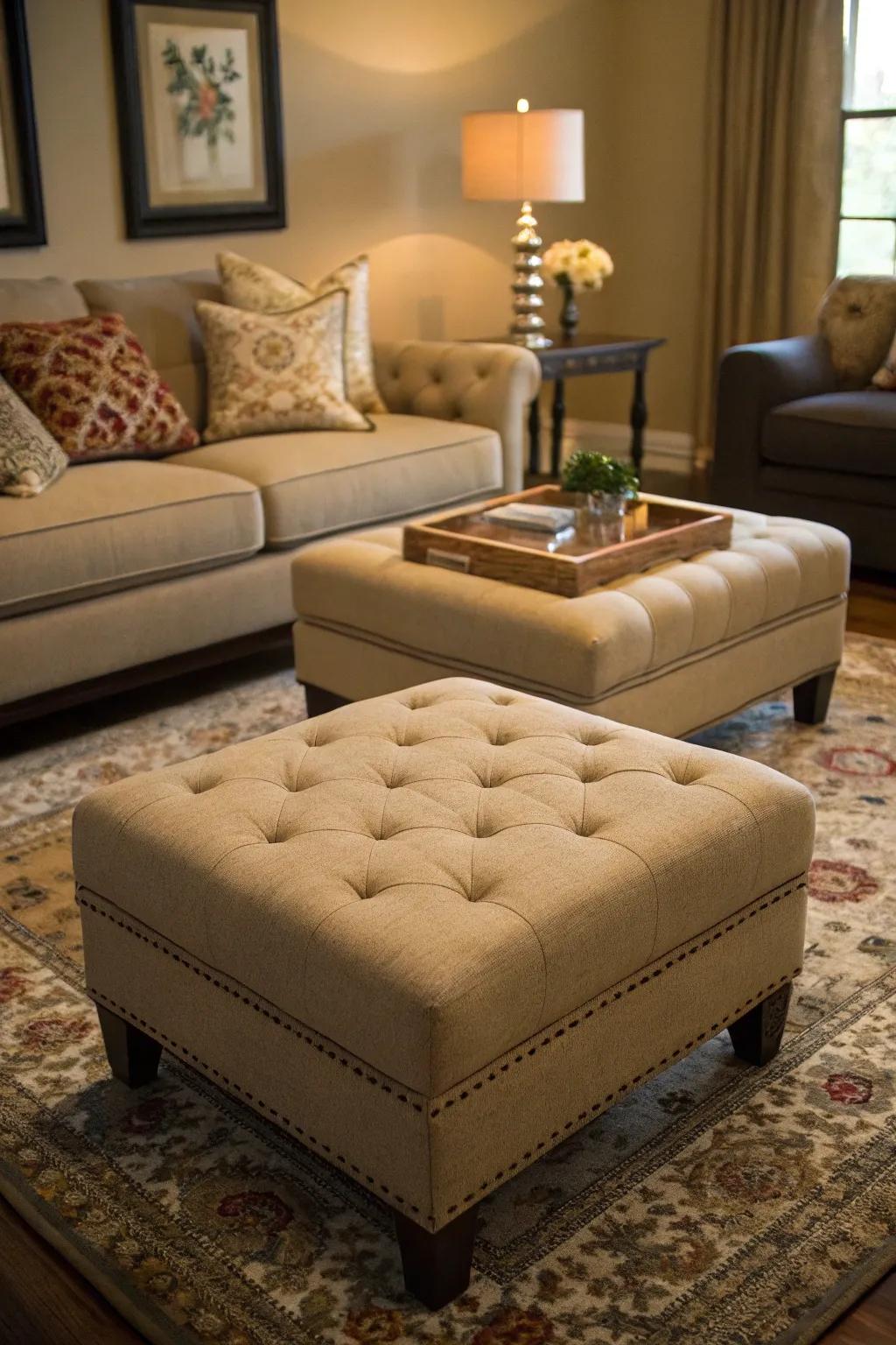 Paired ottomans offering symmetry and style.