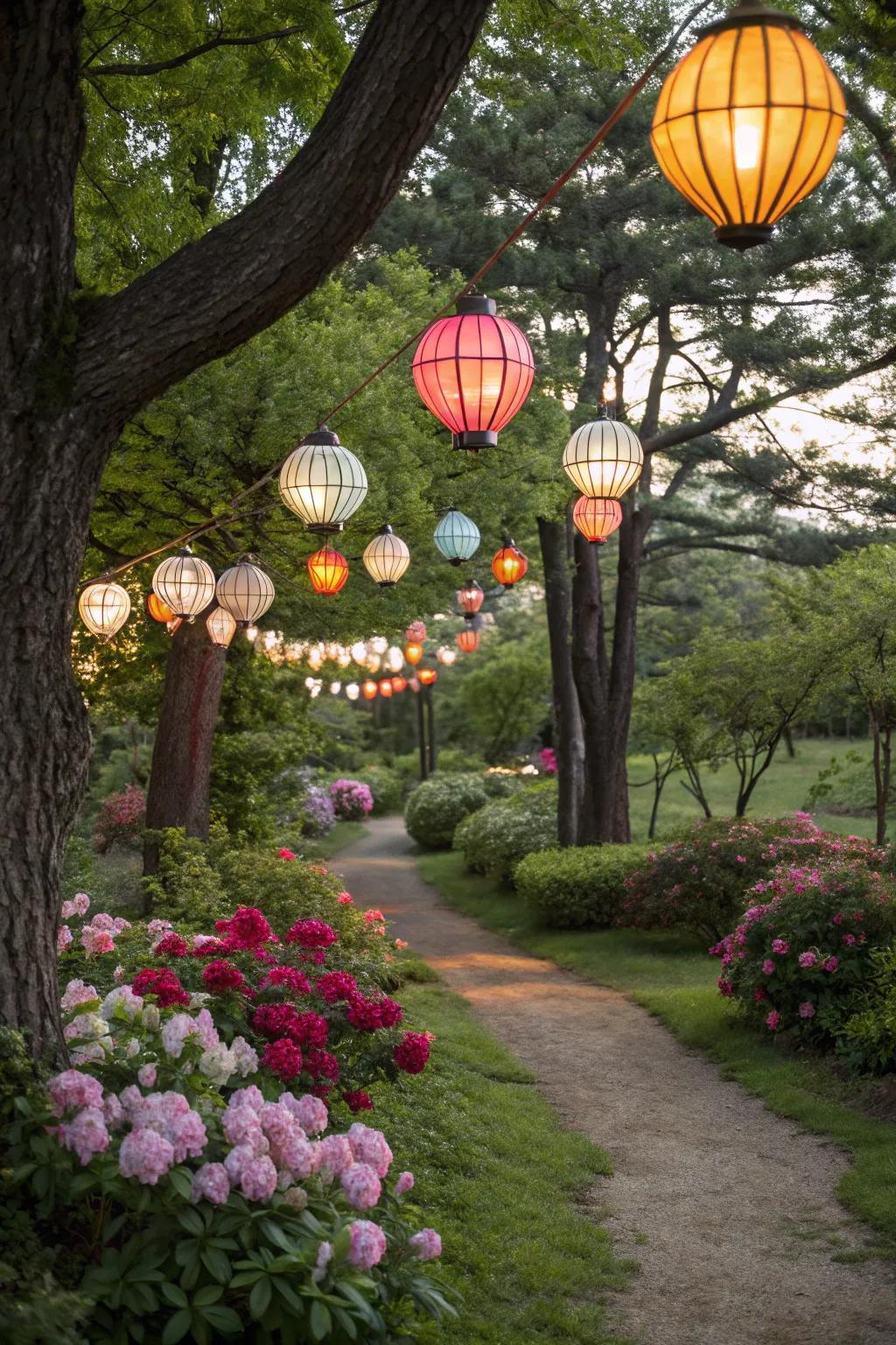 Dangling lanterns inject a fanciful element into outdoor settings.