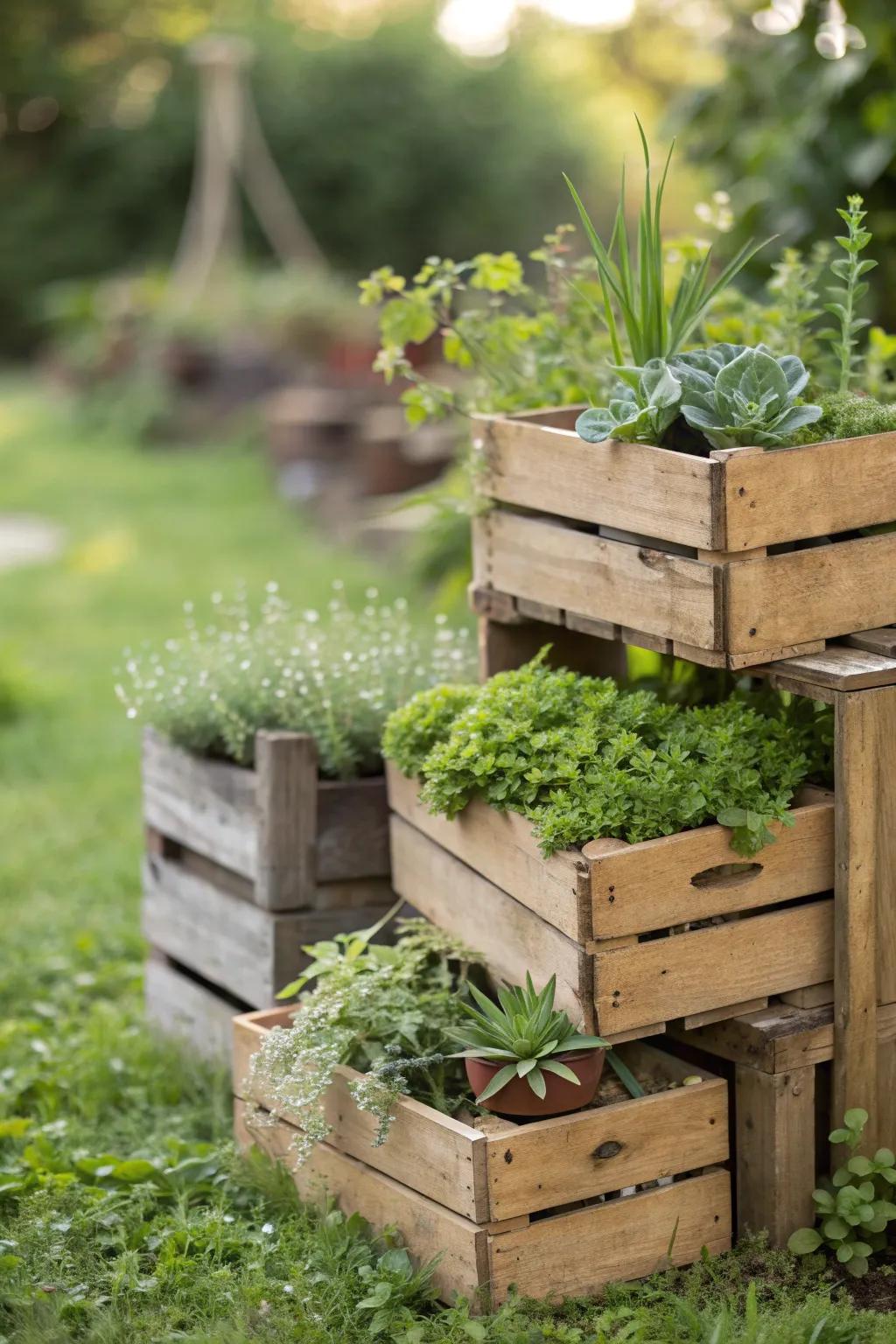 Transform your garden with rustic charm: Vintage crates stacked for an eclectic and natural display.