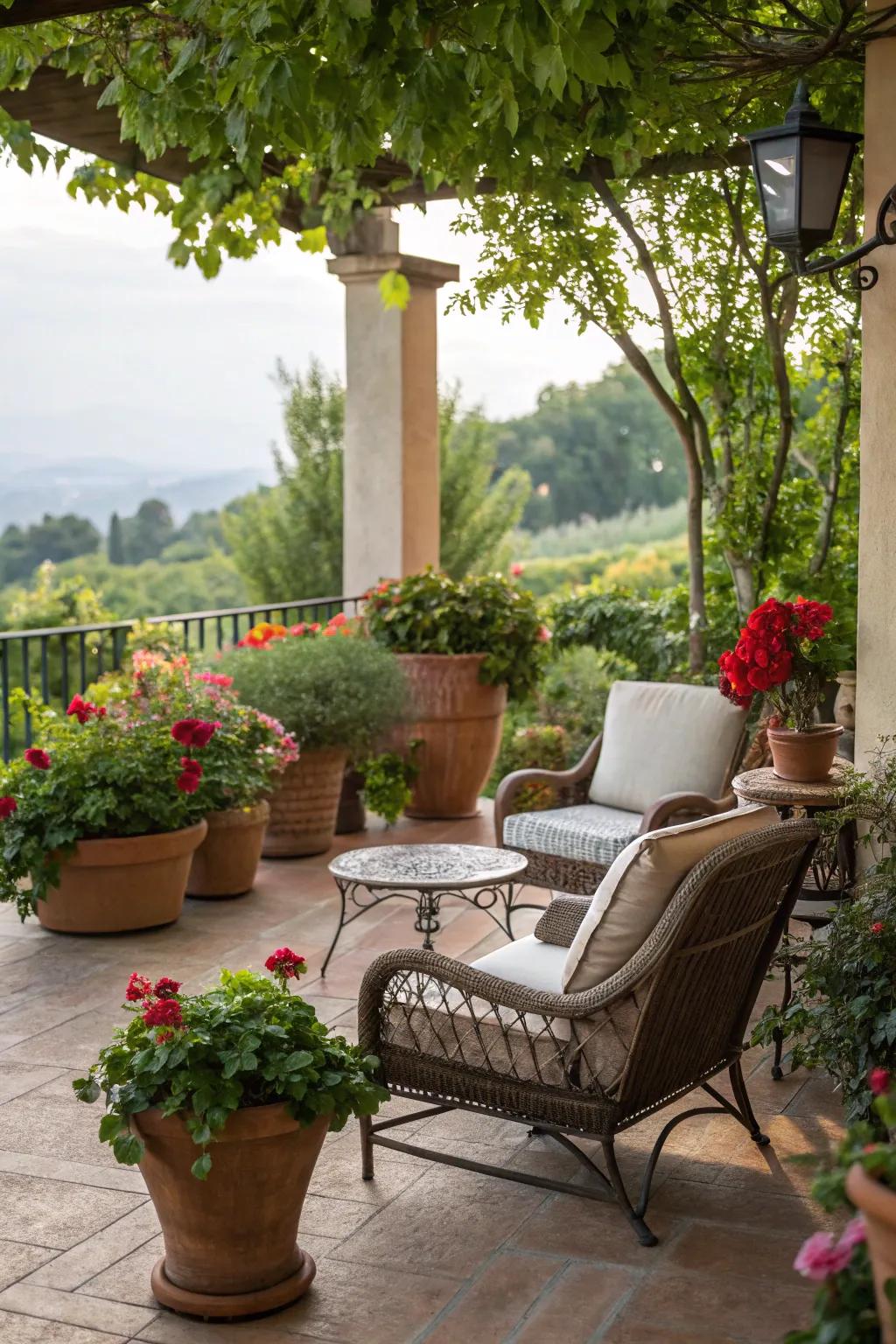 A functional terrace space featuring potted flora and comfortable seating.