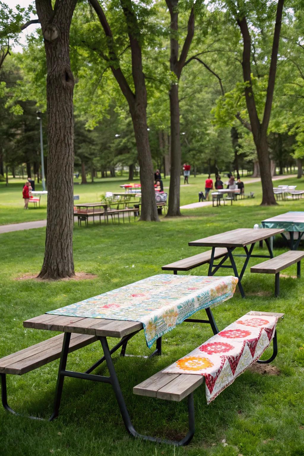 Striking table runners contribute character and style to park picnics.