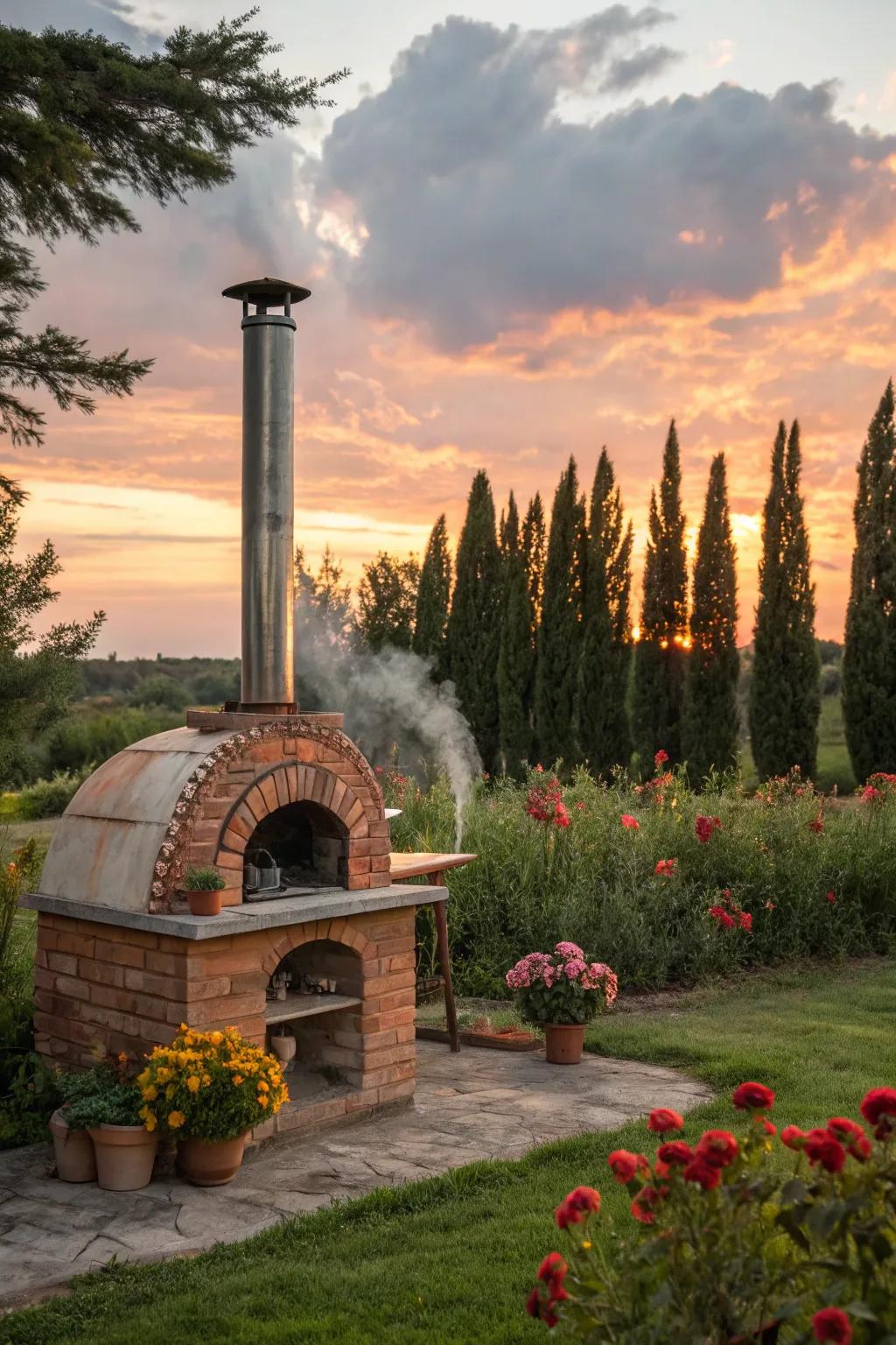 A charming chimney enhances this pizza oven's functionality and appeal.