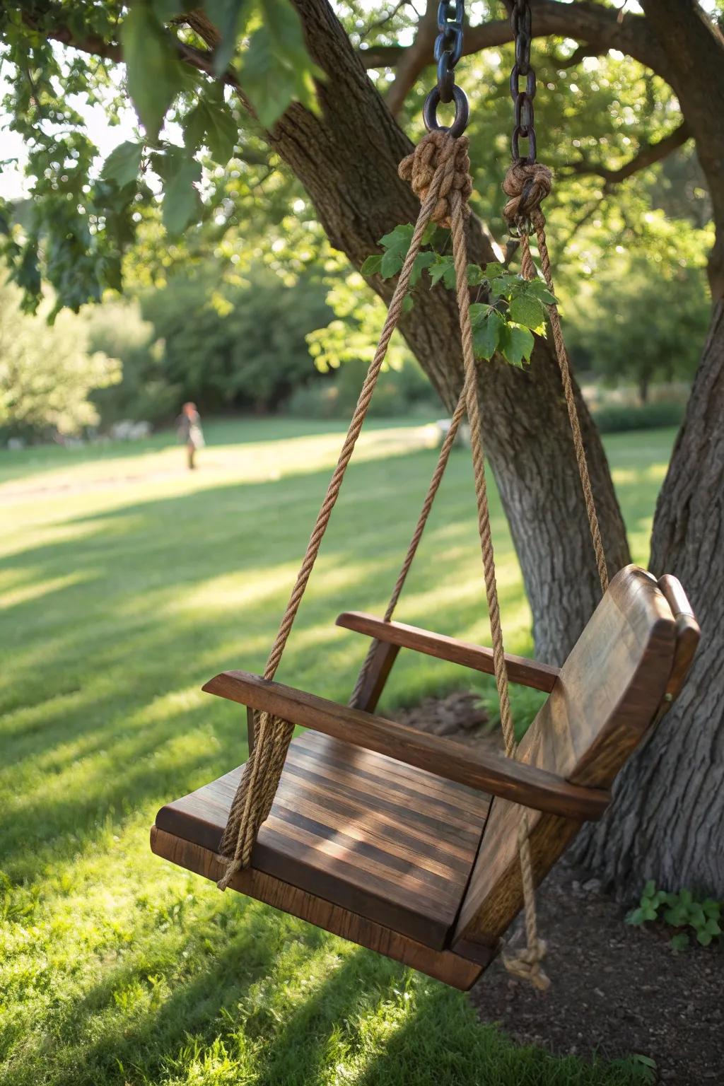 Embrace your inner child with this stunning wooden swing chair, the perfect blend of craftsmanship and outdoor fun.