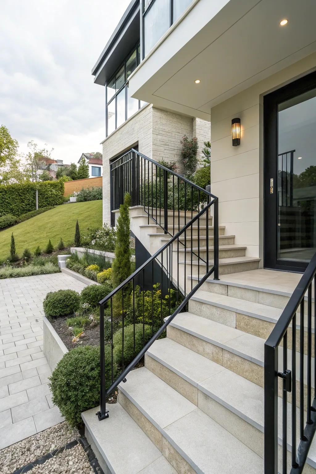 Bold black metal railings add a modern edge.