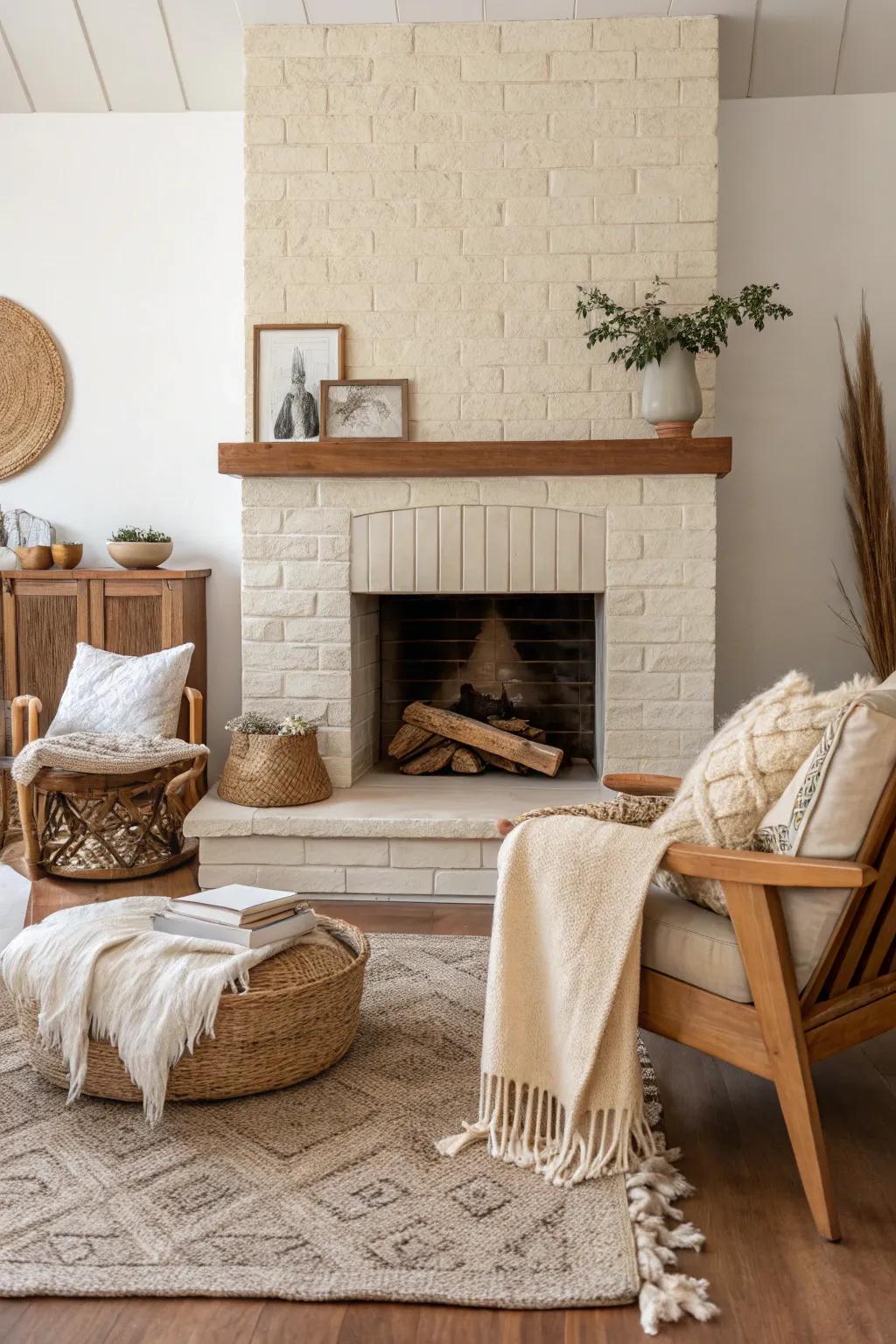 A beige-painted fireplace offering understated serenity.