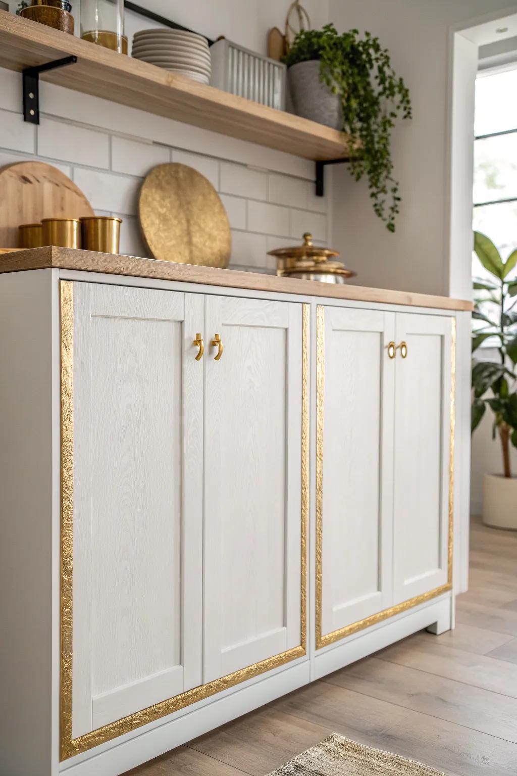 Transform your kitchen with a touch of gold: Discover the elegance of metallic accents on minimalist cabinets.