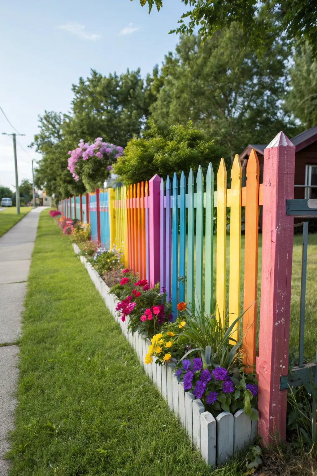 A whimsical picket fence, showcasing a joyful rainbow of colors.