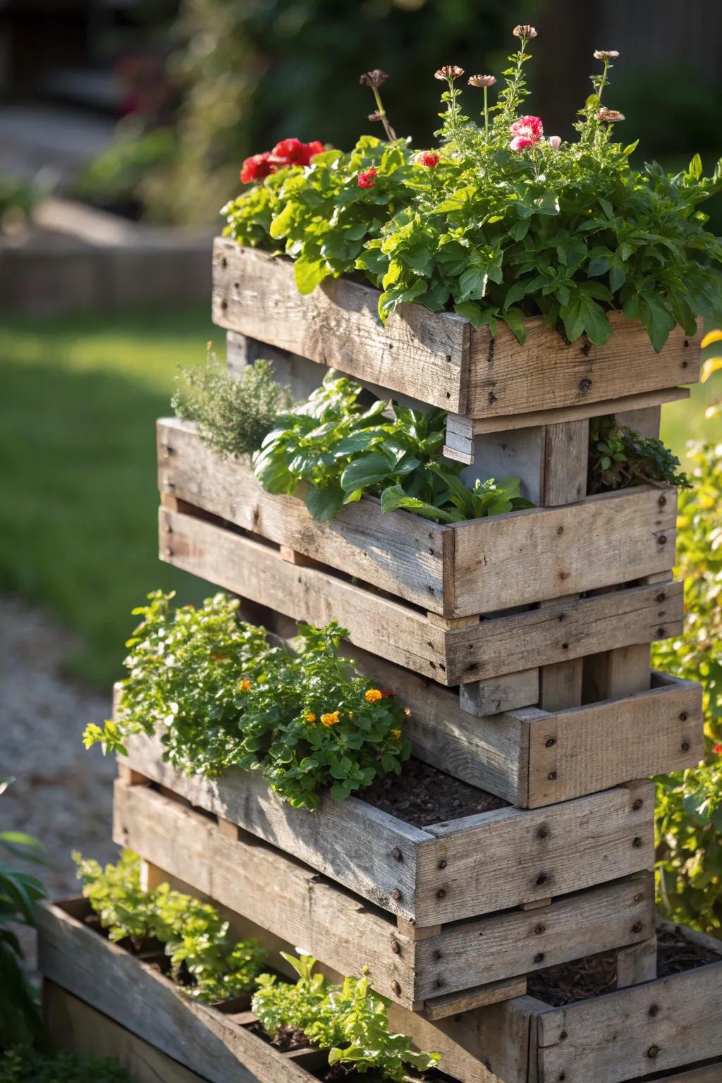 Transform your garden with a stylish multi-tiered pallet planter, perfect for showcasing a vibrant array of plants in limited space.