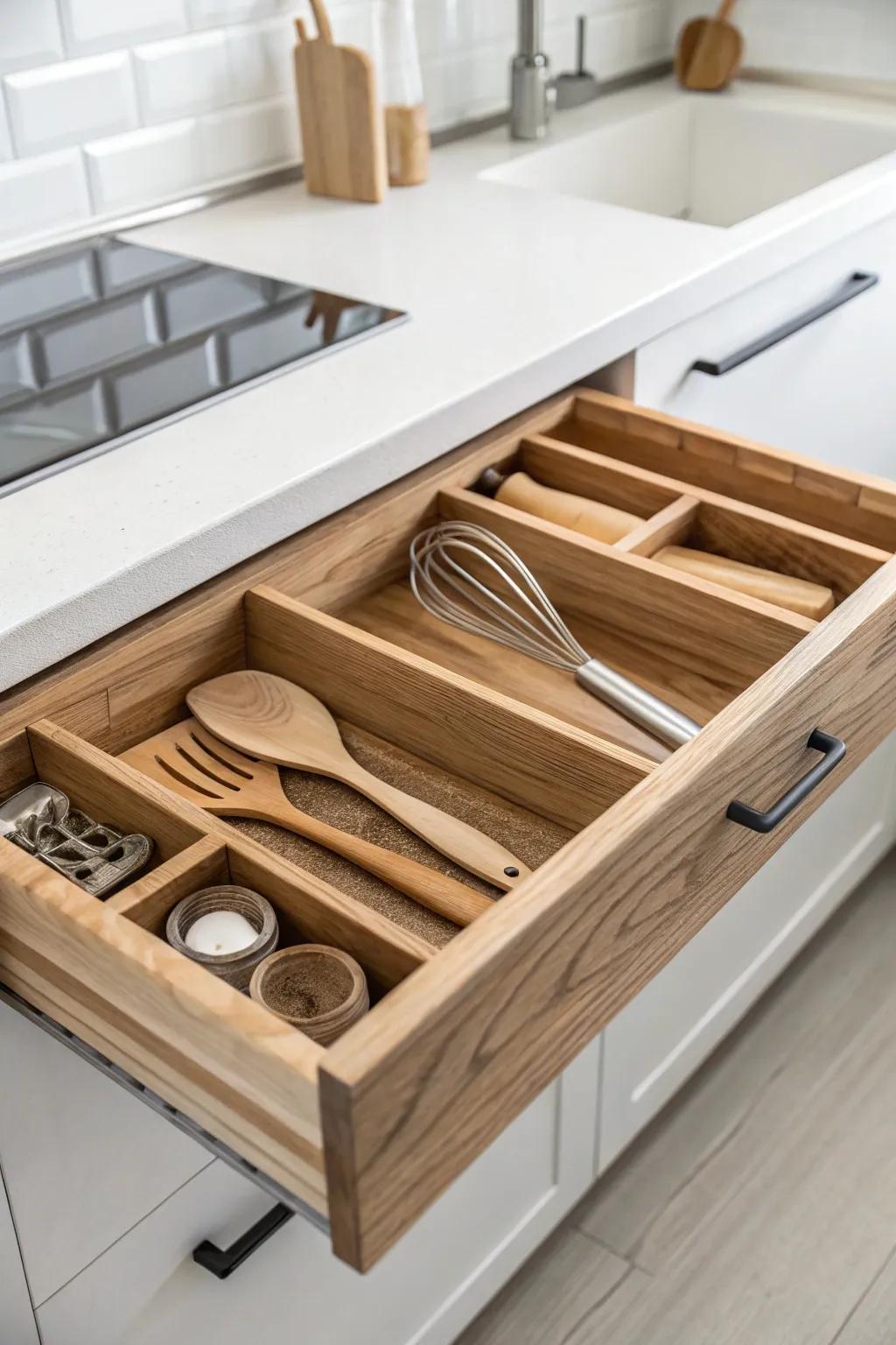 Elevate your kitchen organization with handcrafted wooden pallet inserts that blend beauty with functionality.