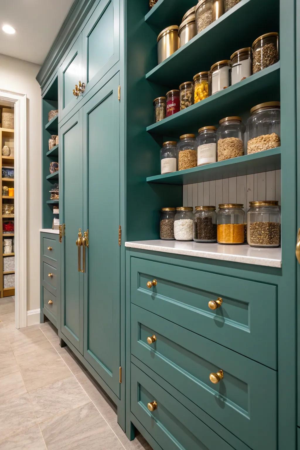 An elegant teal pantry with luxurious details.