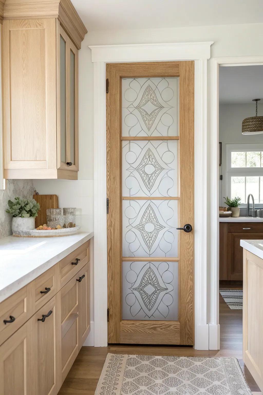 Add elegance to your pantry with decorative frosted glass panels, where simplicity meets natural beauty.