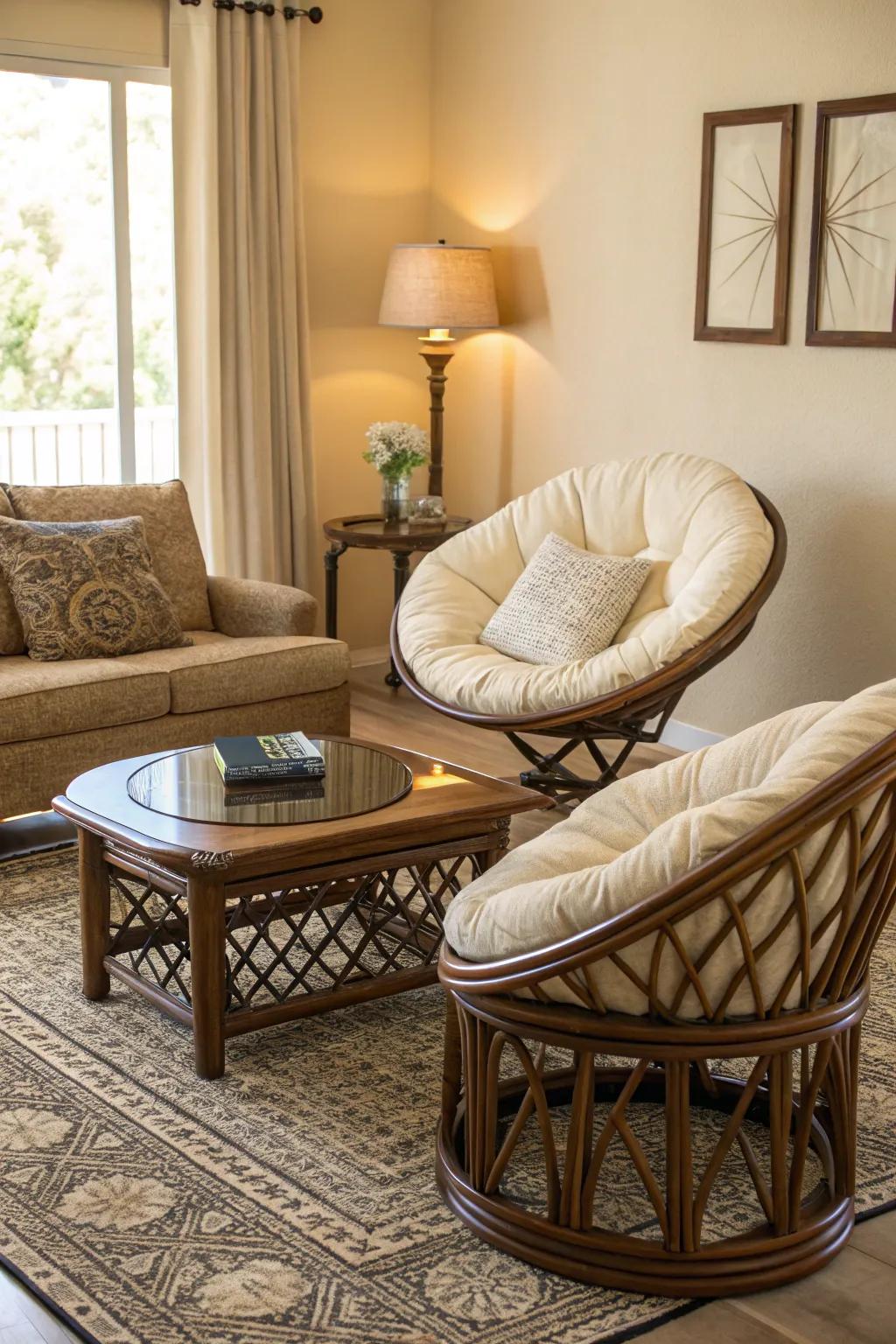 Complementary furniture unifies the papasan chair design.