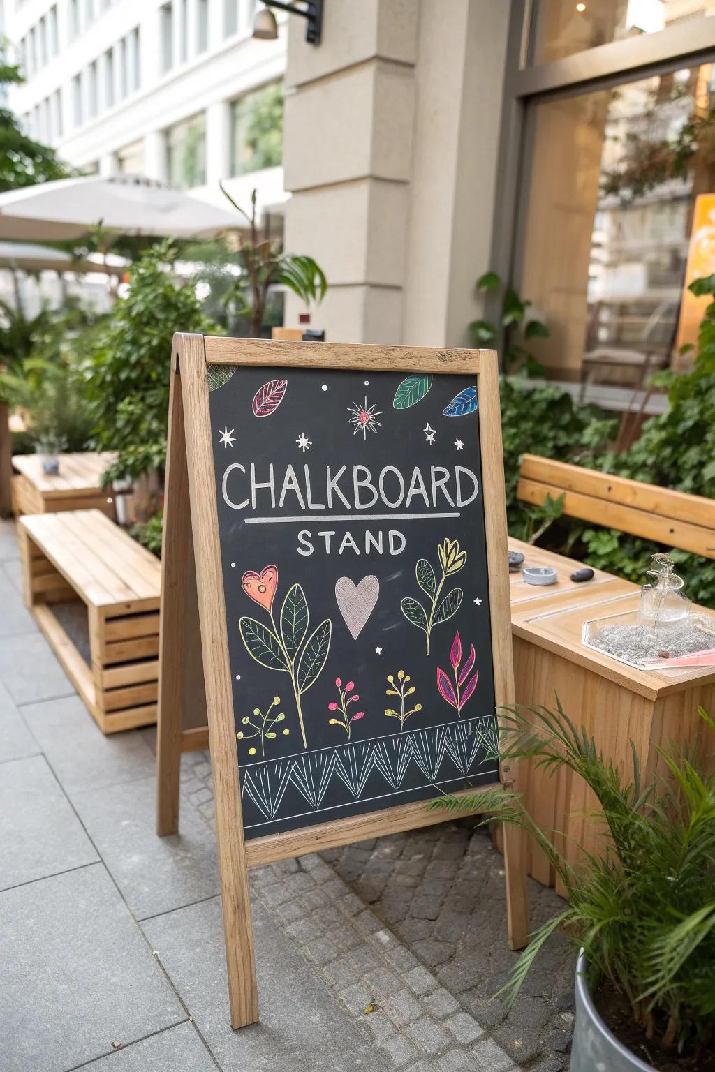 A chalkboard canvas for community creativity and connection in a serene parklet setting.