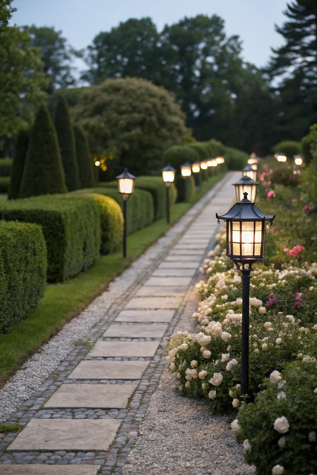 Symmetrical lighting enhances balance and harmony in garden design.