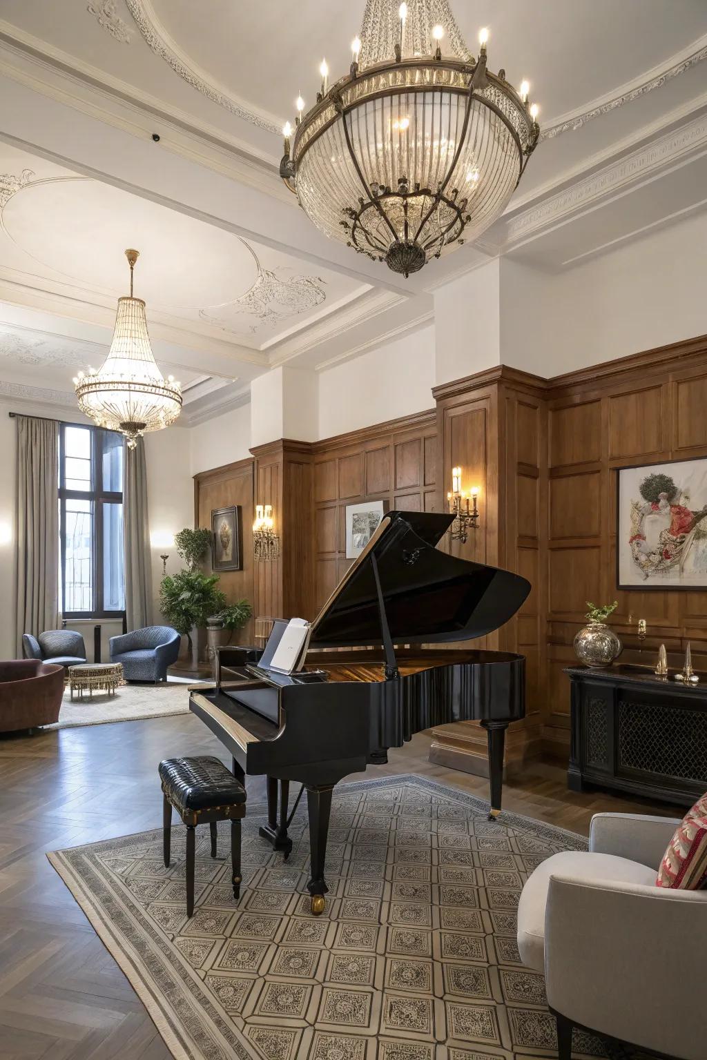 A fusion of classic and contemporary elements creates a timeless piano space.