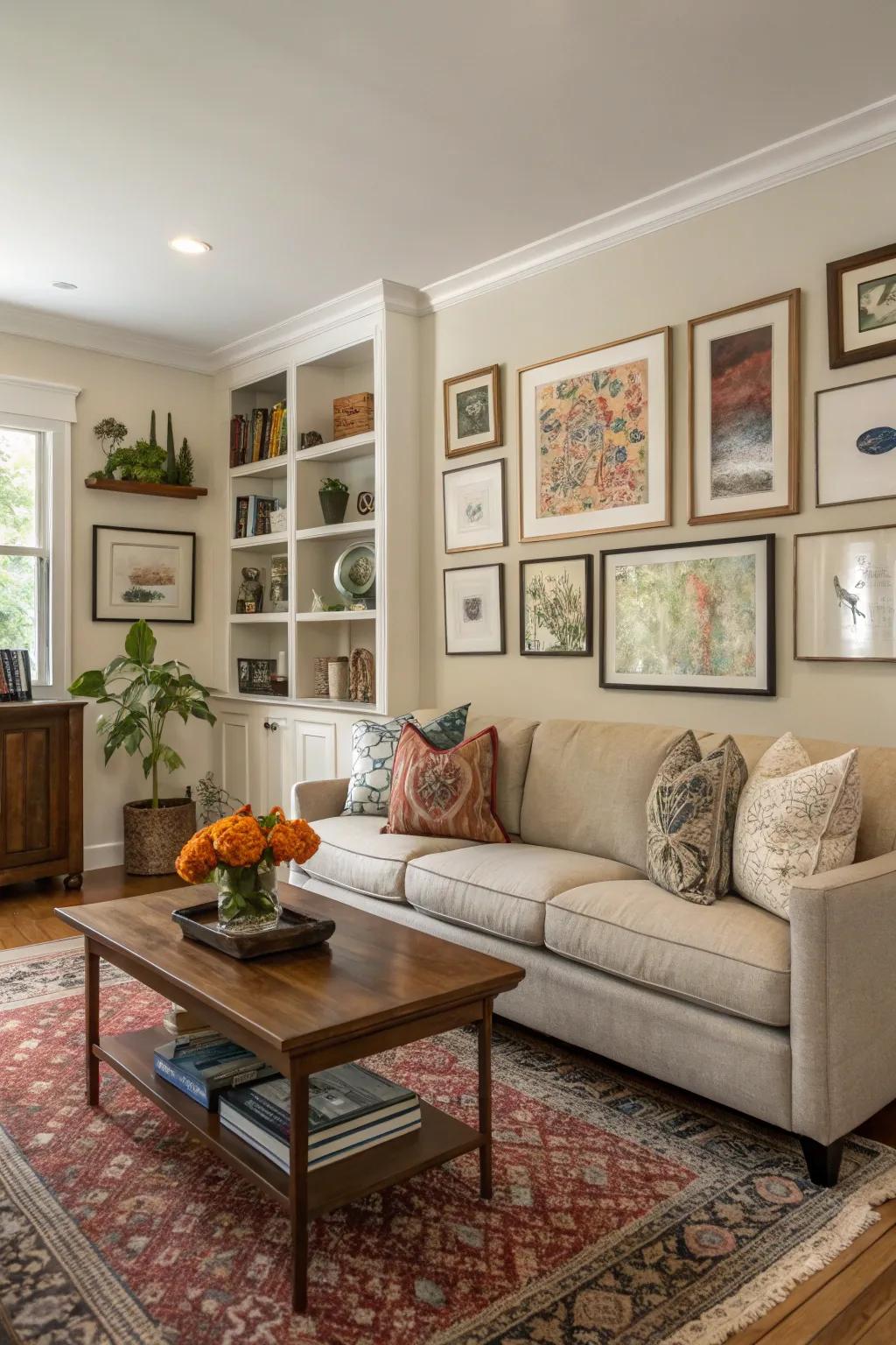 Art and furniture integration creates a cohesive look.