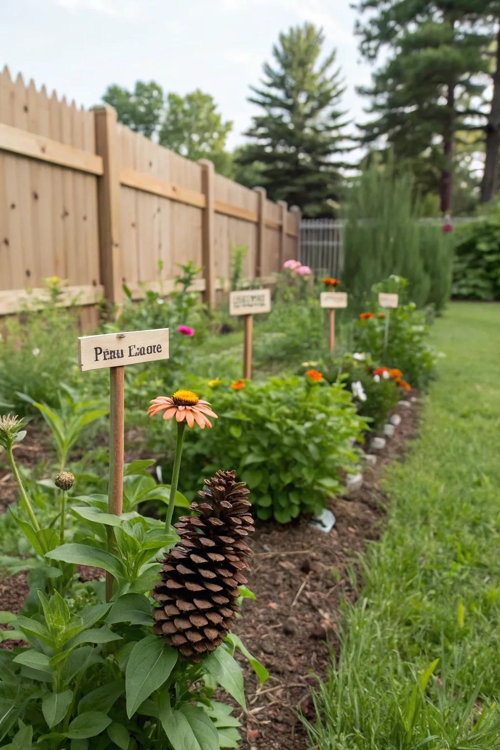 Pinecones transformed into decorative and helpful plant markers.