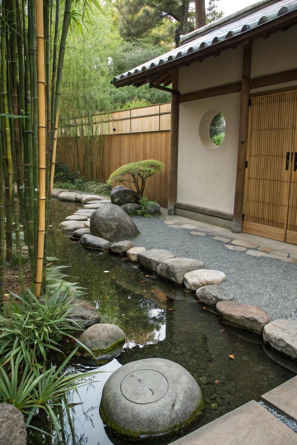 A Zen-inspired pond offers a calming retreat with minimalist elements.