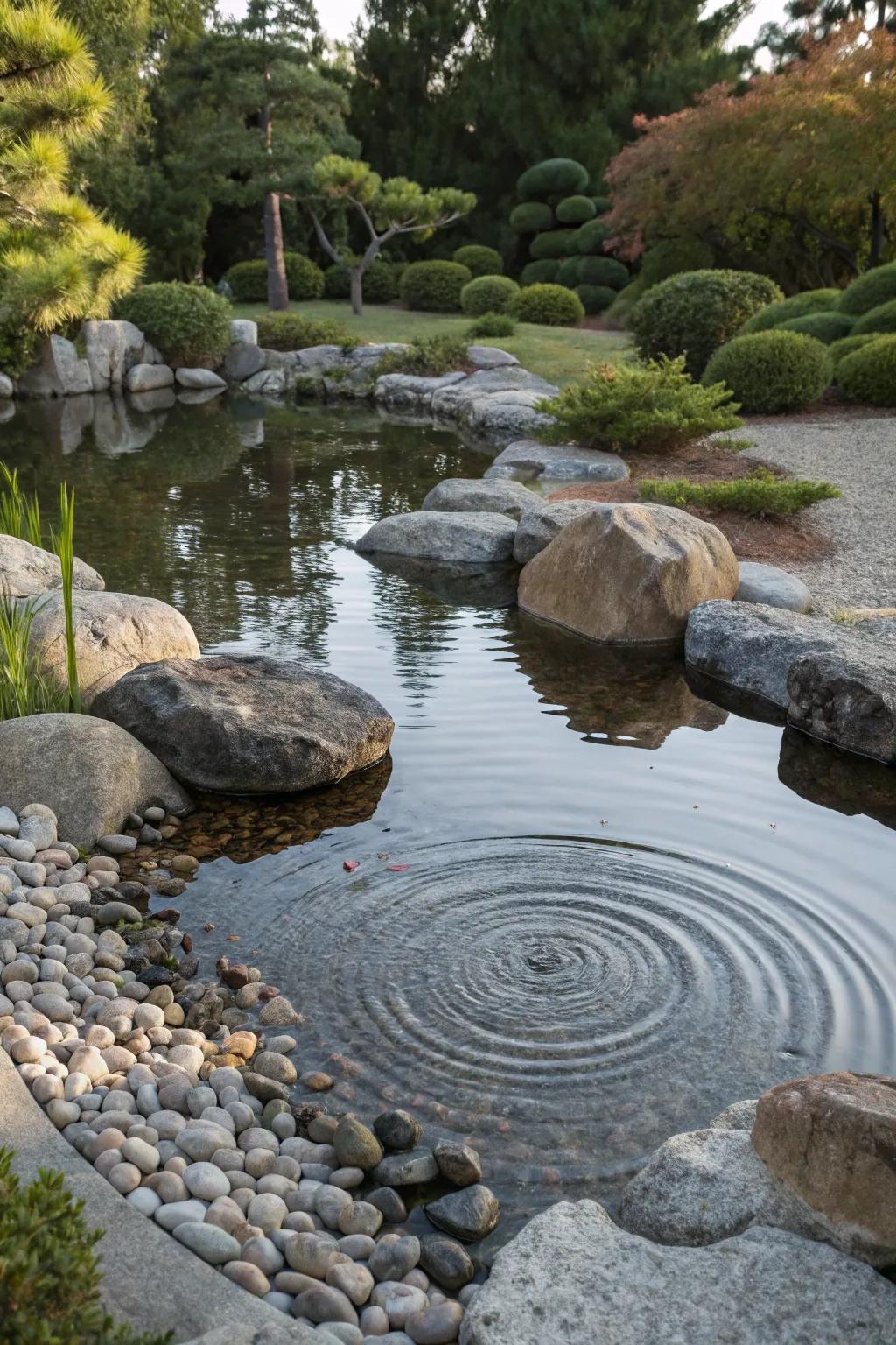 A rock feature offering a textured edge for a tranquil pond.