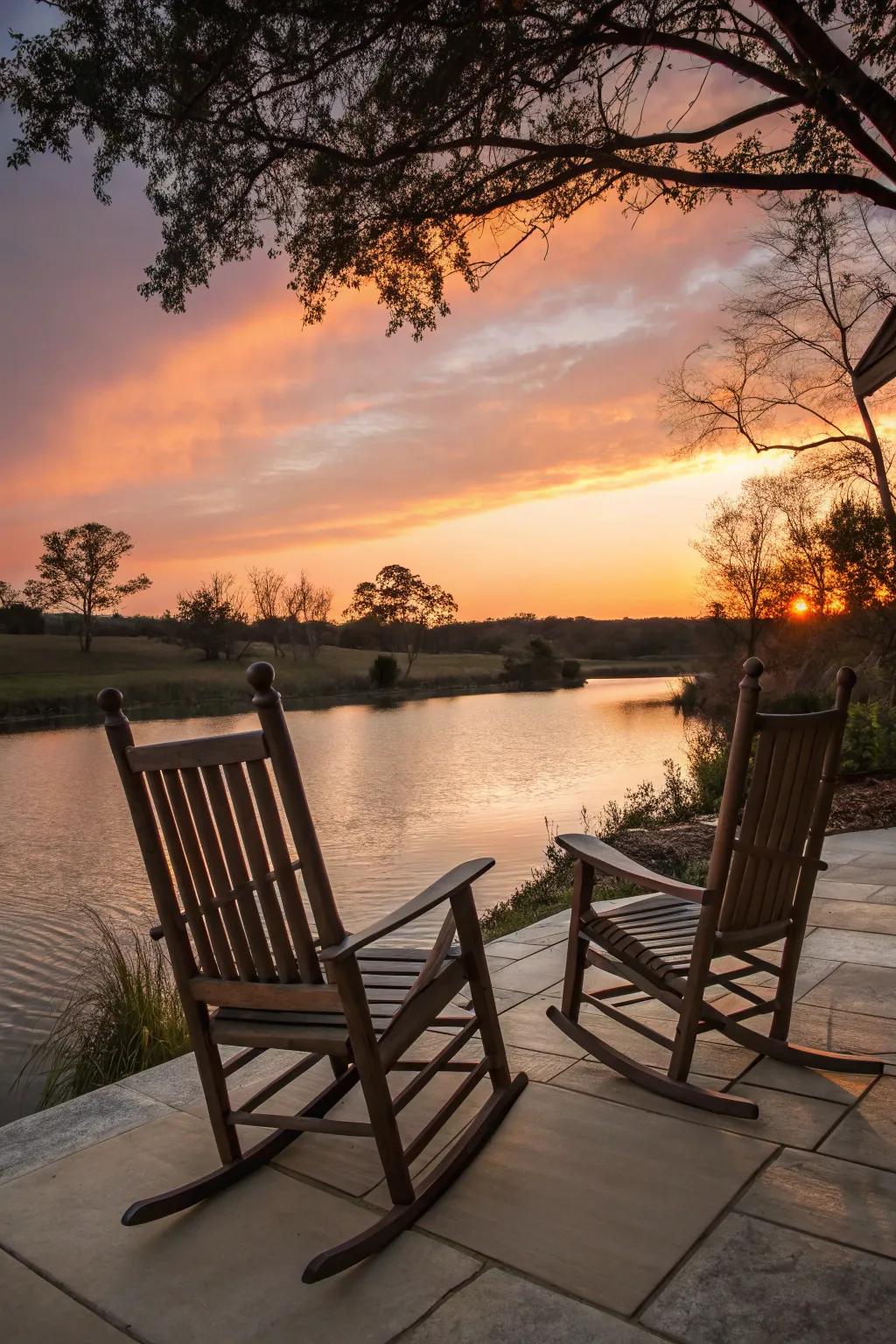 Rocking chairs provide a nostalgic, soothing seating option by the pond.