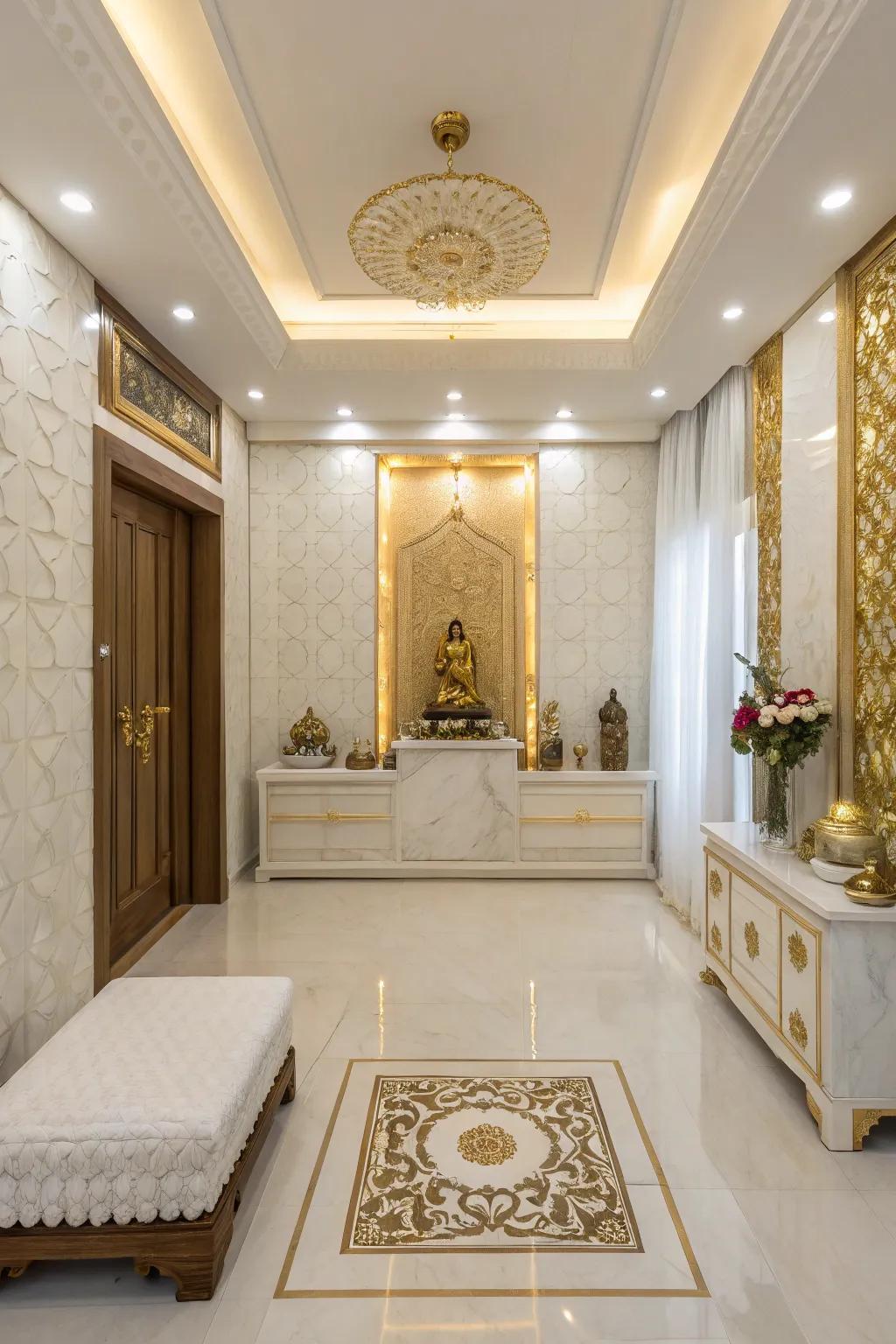 A soothing color style of gold and white makes a calming atmosphere.