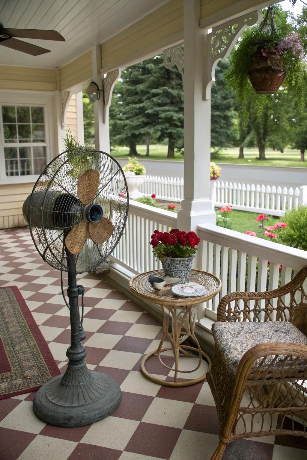 An antique fan adds vintage charm to this classic porch setup.