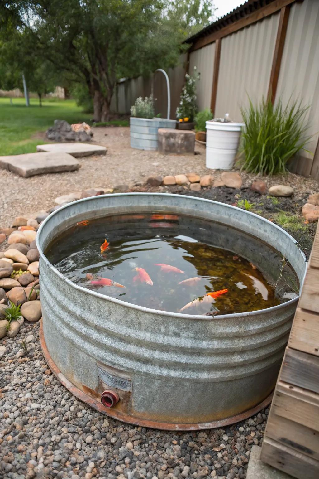 A posh and countryside metallic stock receptacle koi pond.