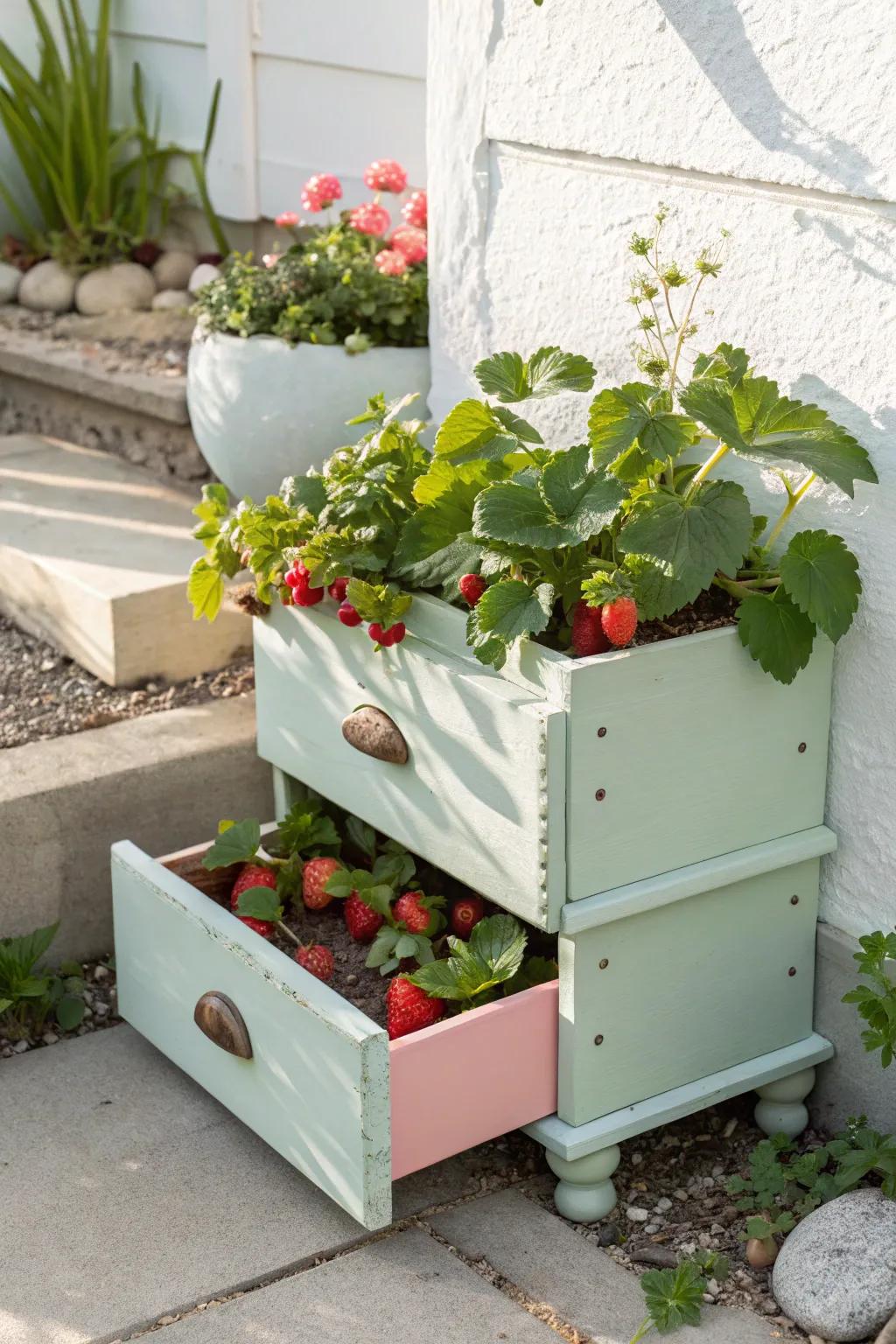 Breathe new life into old drawers with charming strawberry planters. 🍓✨ #UpcycledBeauty #GardenGoals