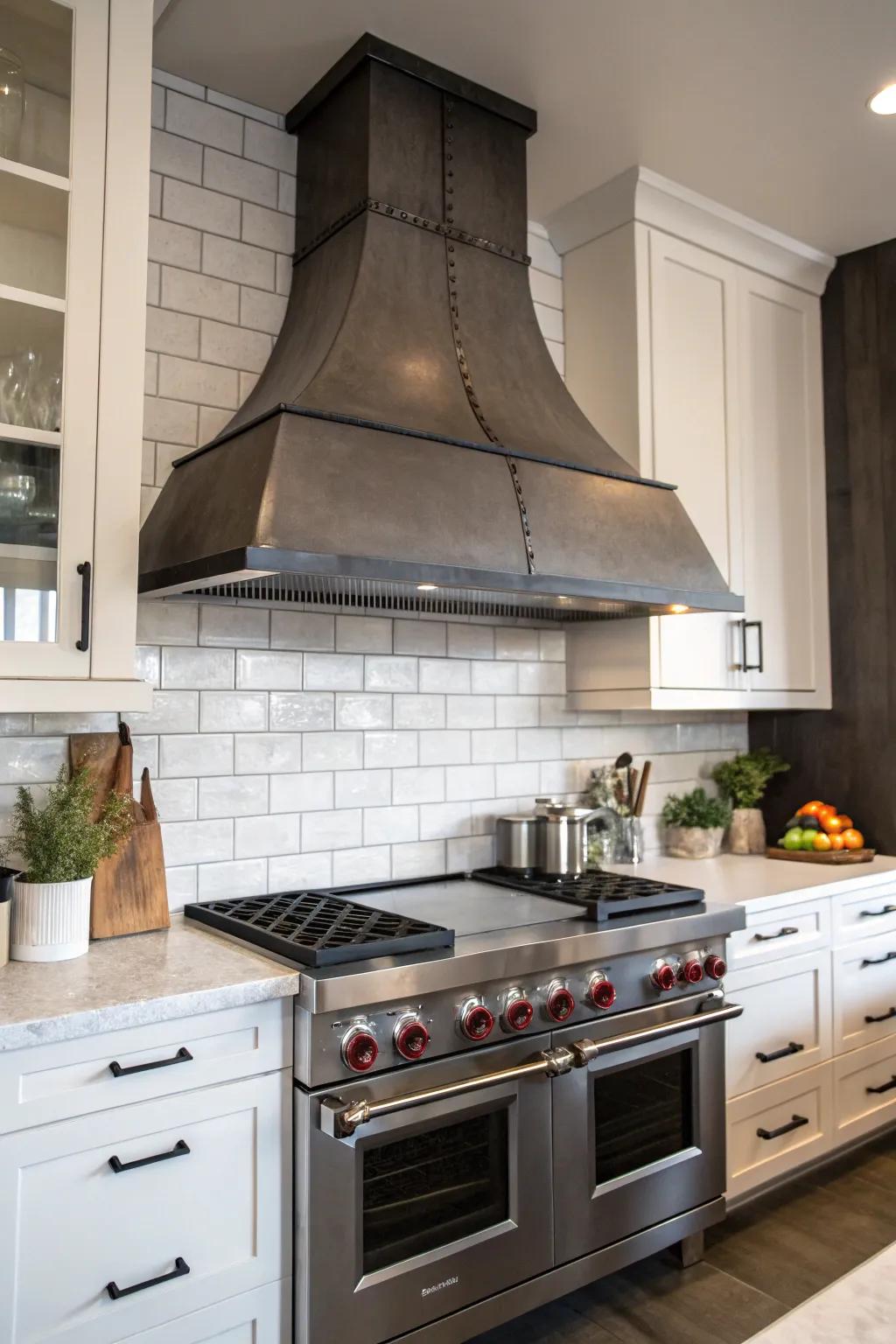 Industrial metal range hood for an edgy kitchen vibe.