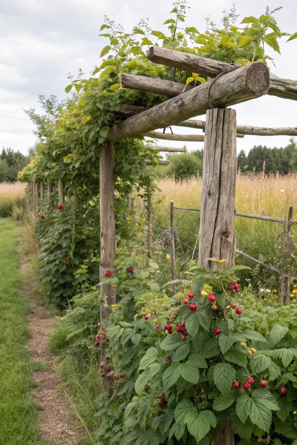 A rustic log trellis offers character and strength to a raspberry patch.