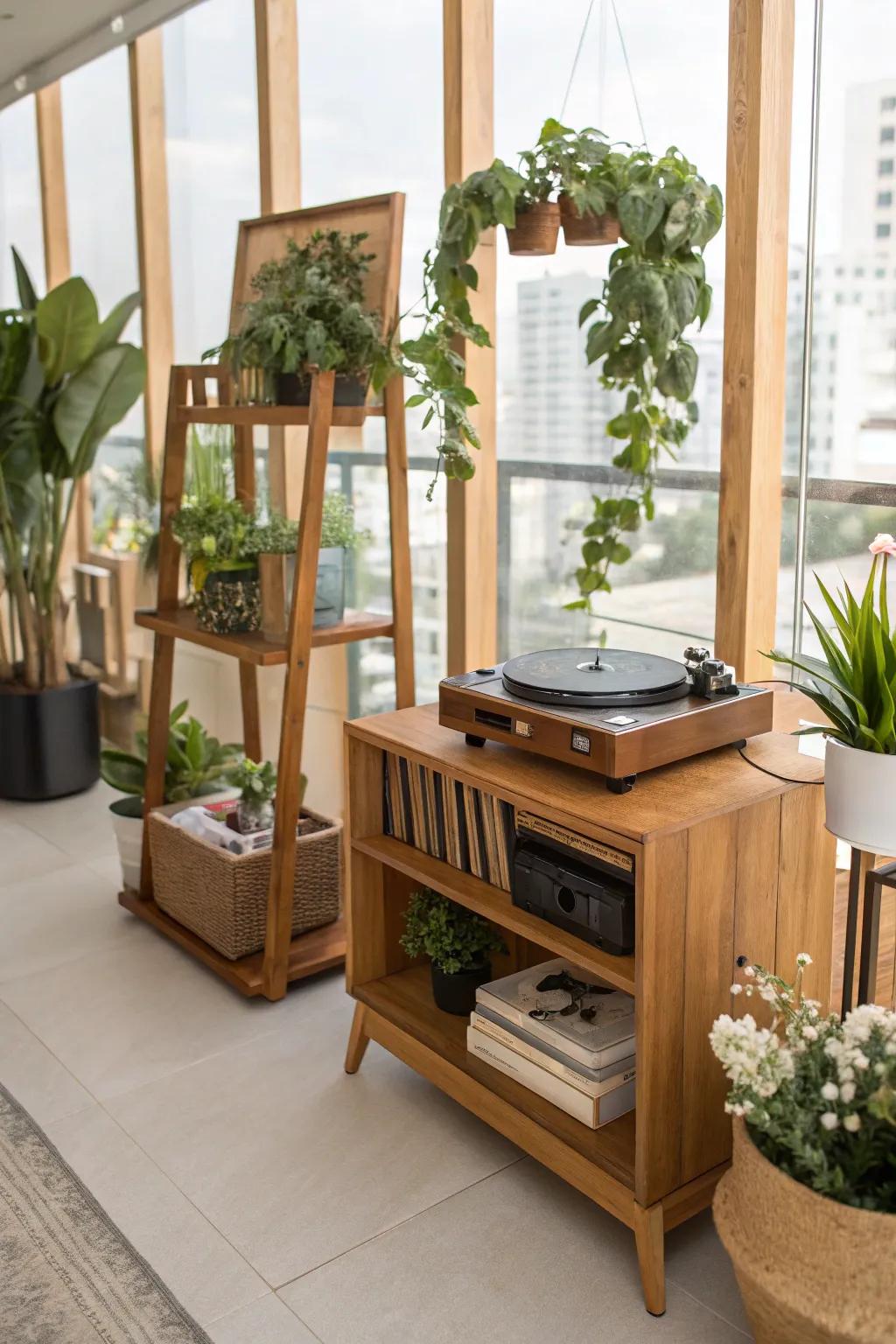 Nature-inspired record player setup with wood and greenery.