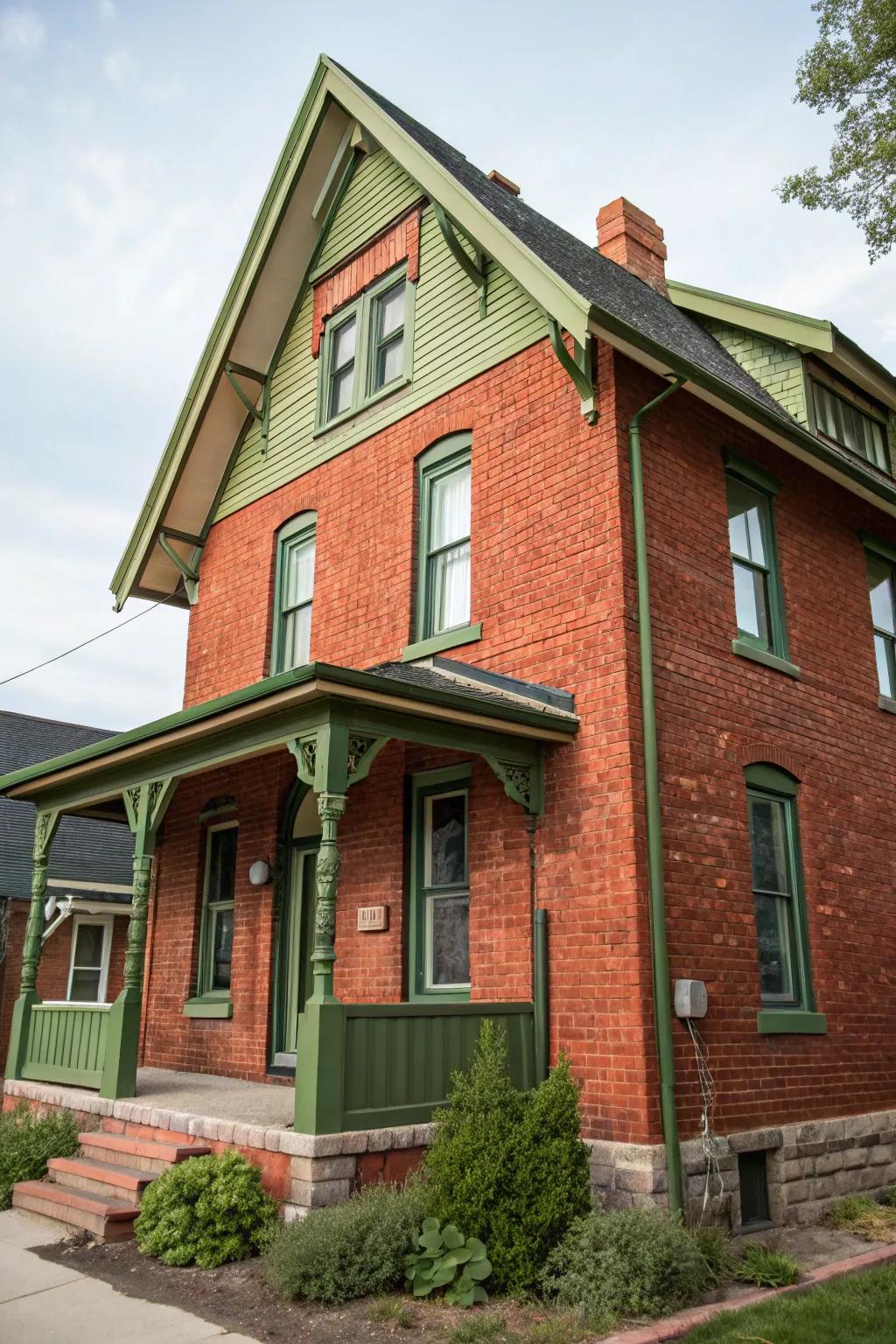 Vermont green trim imparts an unexpected yet harmonious nuance to red brick homes.