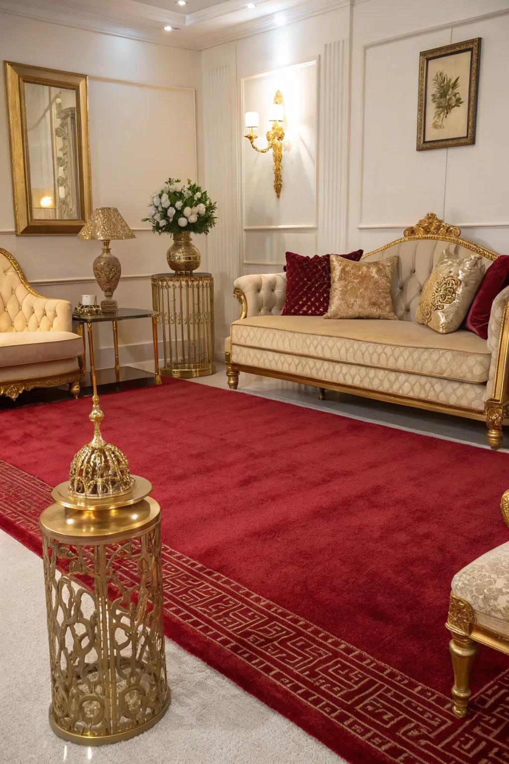 A high-class lounge area in which crimson and precious metal produce a regal ambiance.