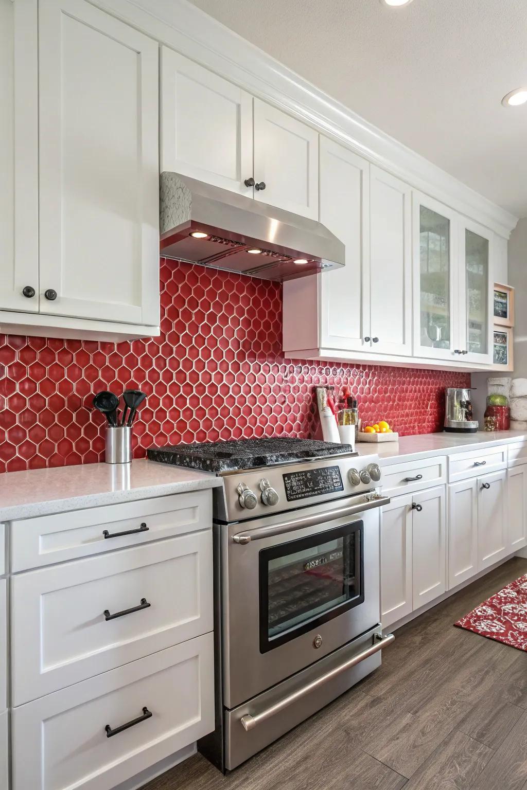 A fun kitchen with scarlet penny round tiles.