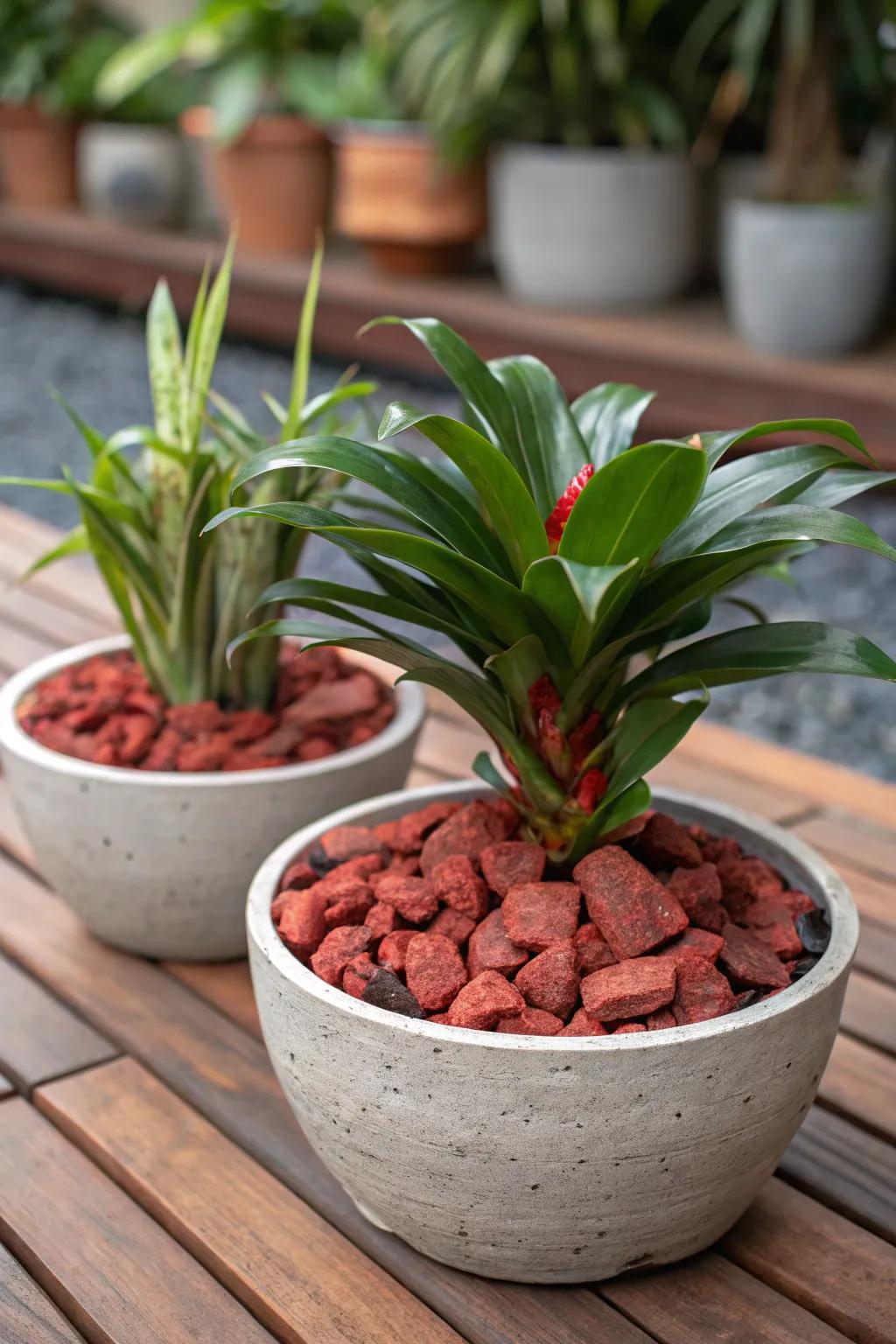 Red lava rocks enhance drainage and add visual interest to container gardens.
