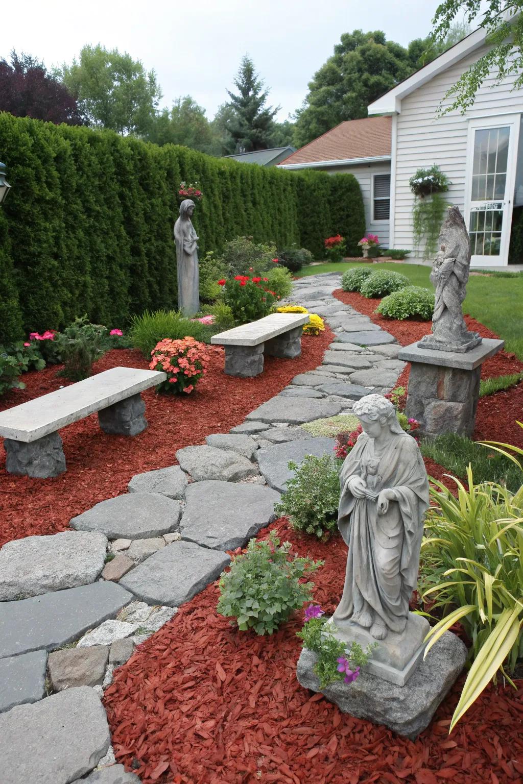 Red mulch highlights stone features, creating stunning garden contrasts.