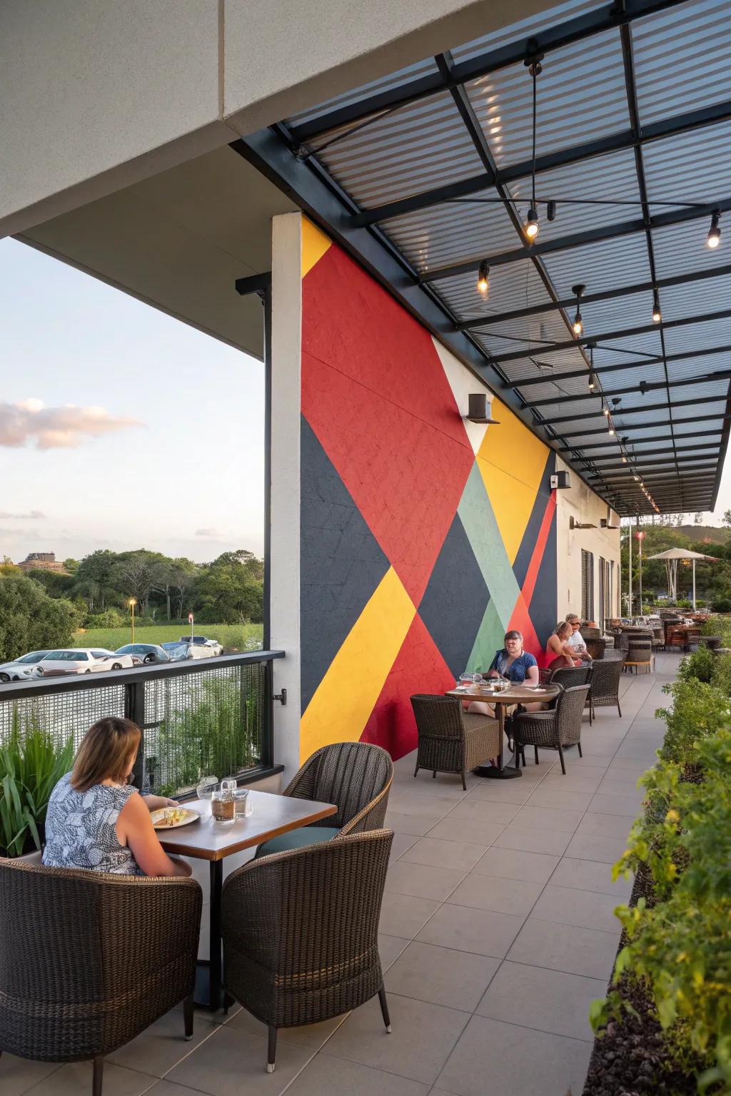 A restaurant patio featuring a bold accent wall that serves as a visual anchor.