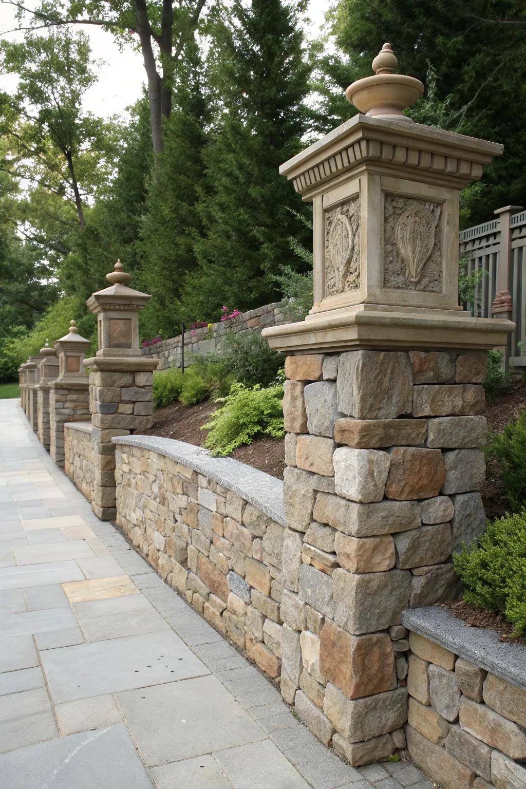 Elevate your garden's gateway through refined stone terminal columns, exuding a sensation of timeless allure.