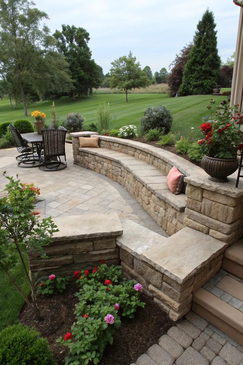 Integrated seating transforms retaining walls into relaxing nooks.