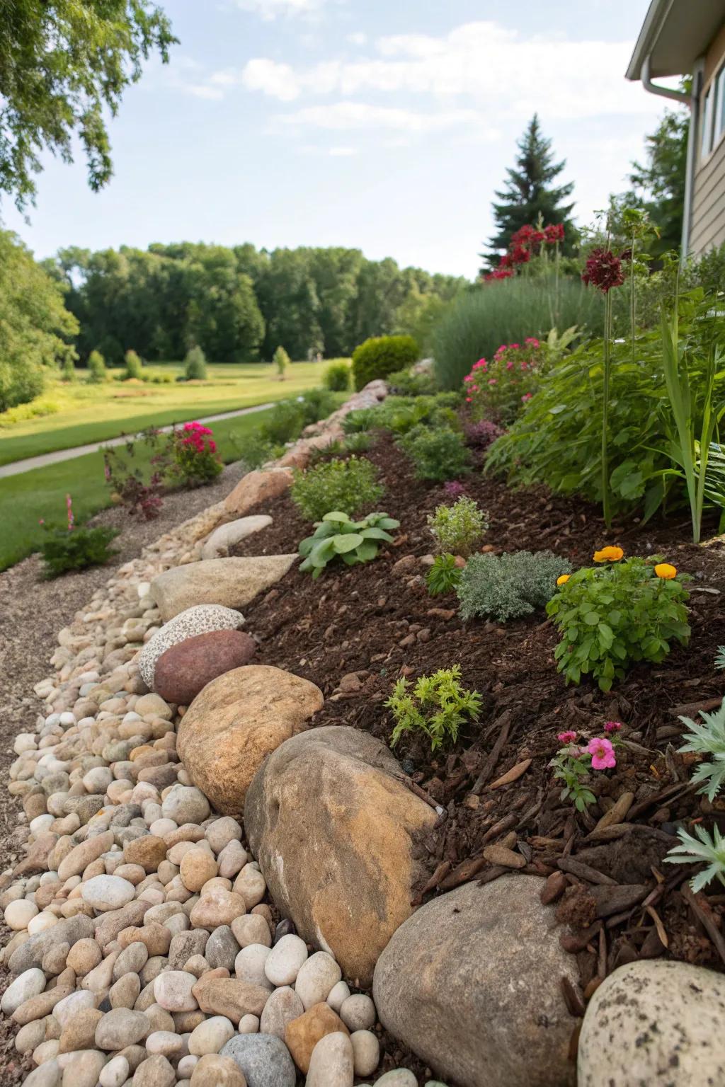 Layered stream stones and shredded bark create a lively and visually attractive garden bed.
