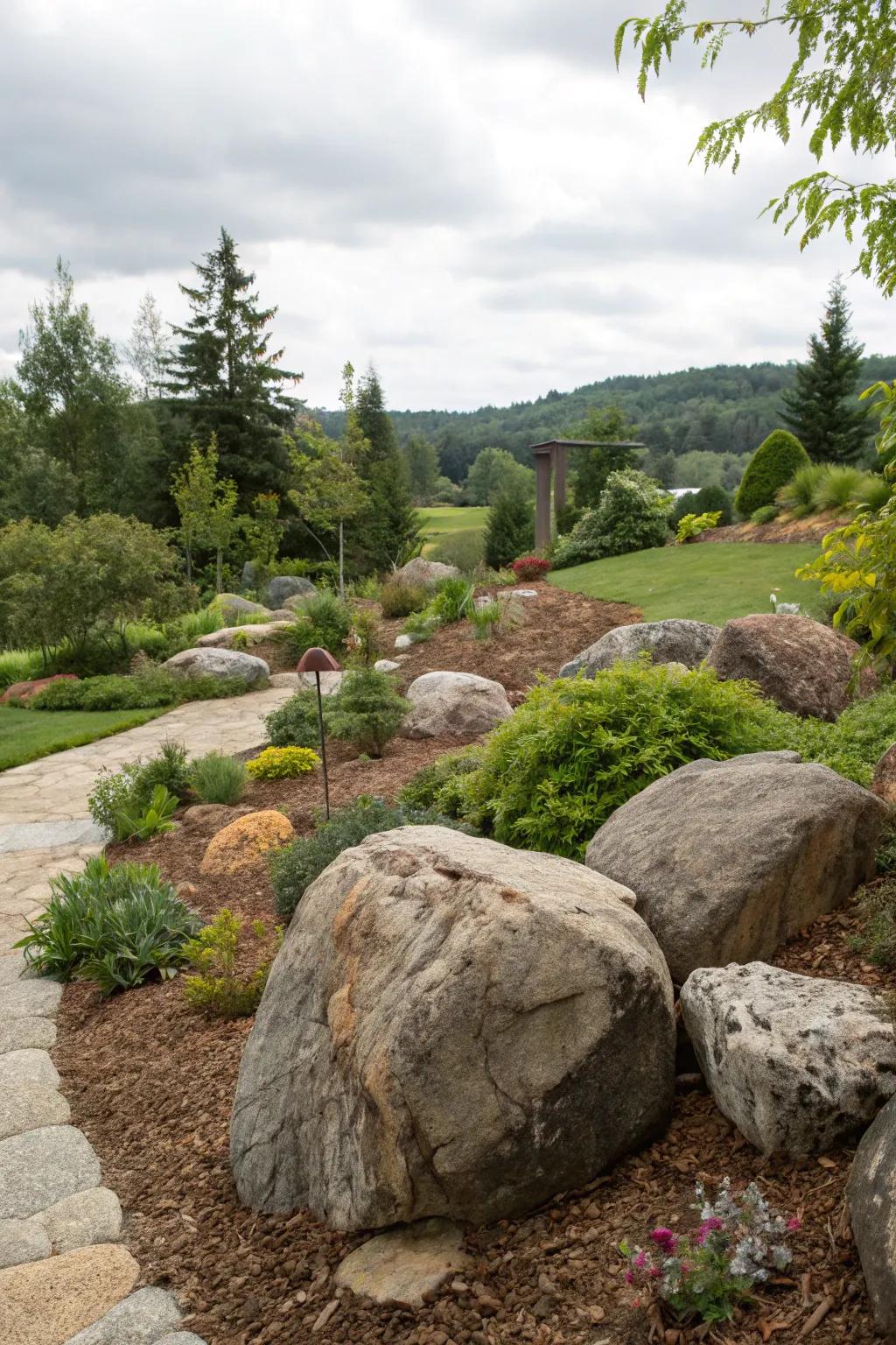 Large boulders act as natural sculptures in the landscape.