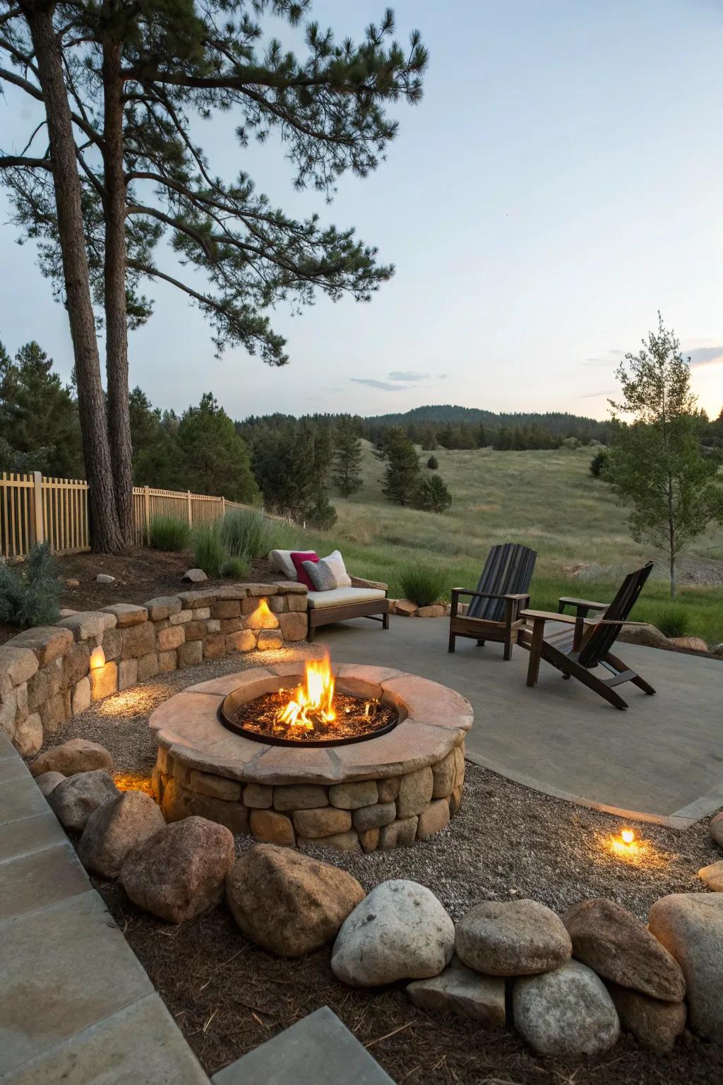 A cozy fire pit area enhanced by a natural stone perimeter.