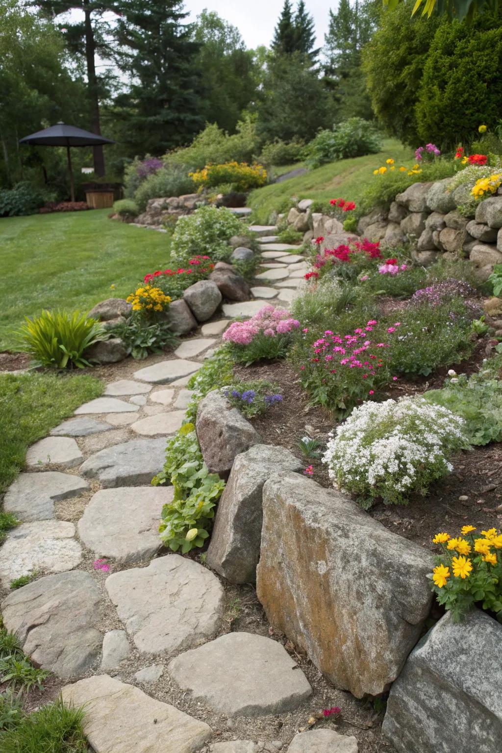 Stone borders elegantly defining paths and flower beds in a garden.