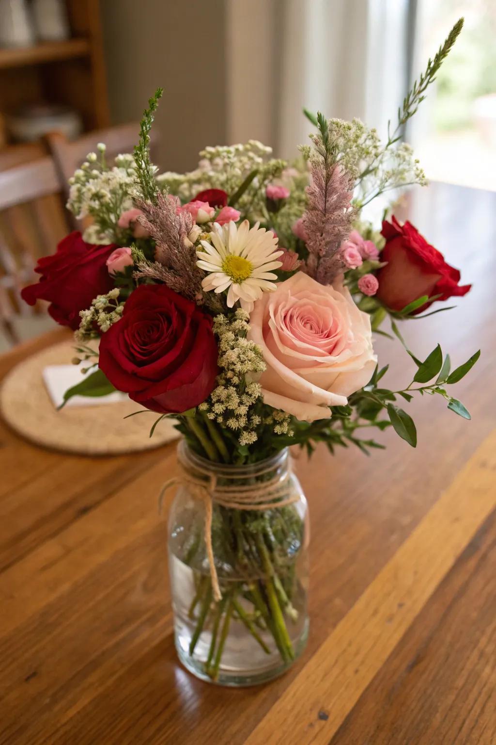 Rustic charm with roses and wildflowers.