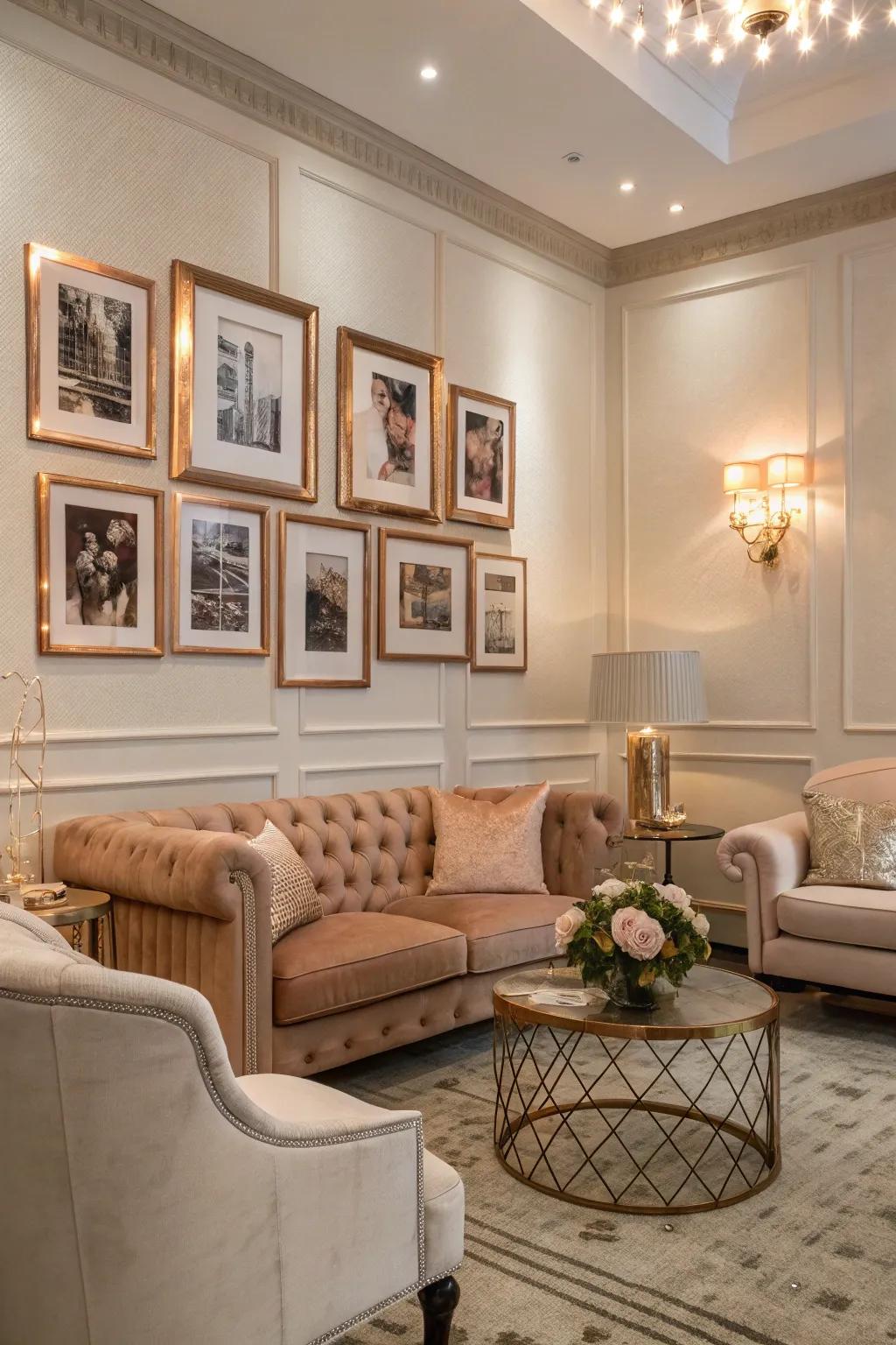 Rose gold picture borders incorporate a cohesive impression to the walls.