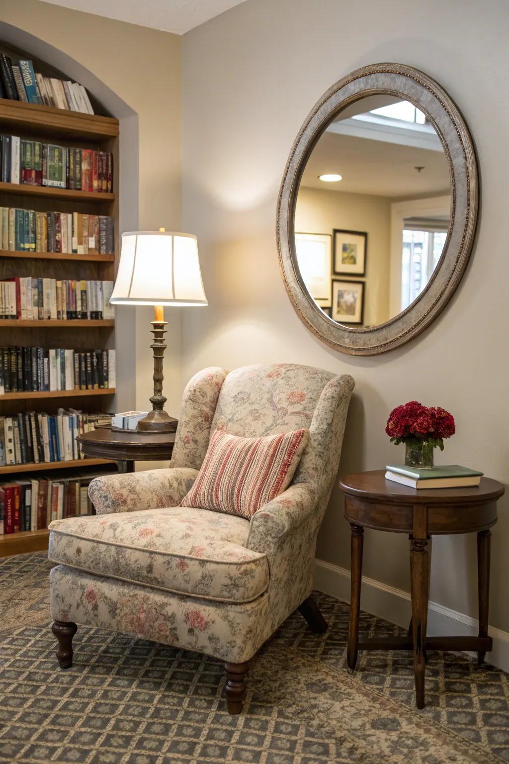 A circular mirror establishes a cozy and welcoming reading nook.
