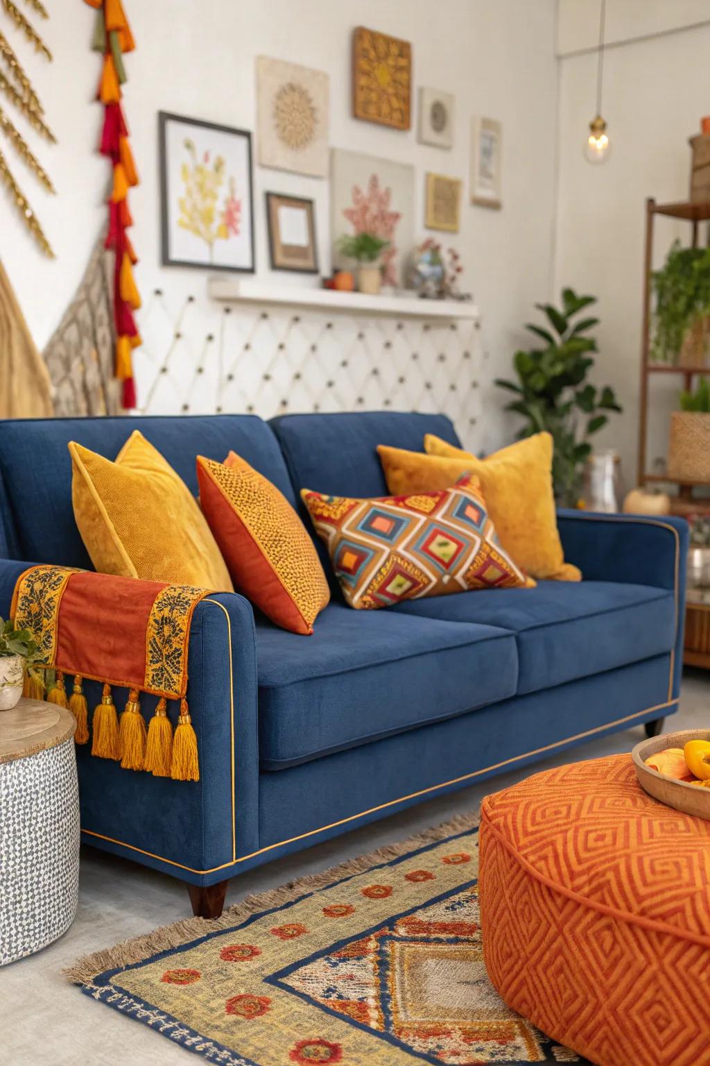 Daring contrast hues introduce vibrancy and pep to the cobalt settee setting.